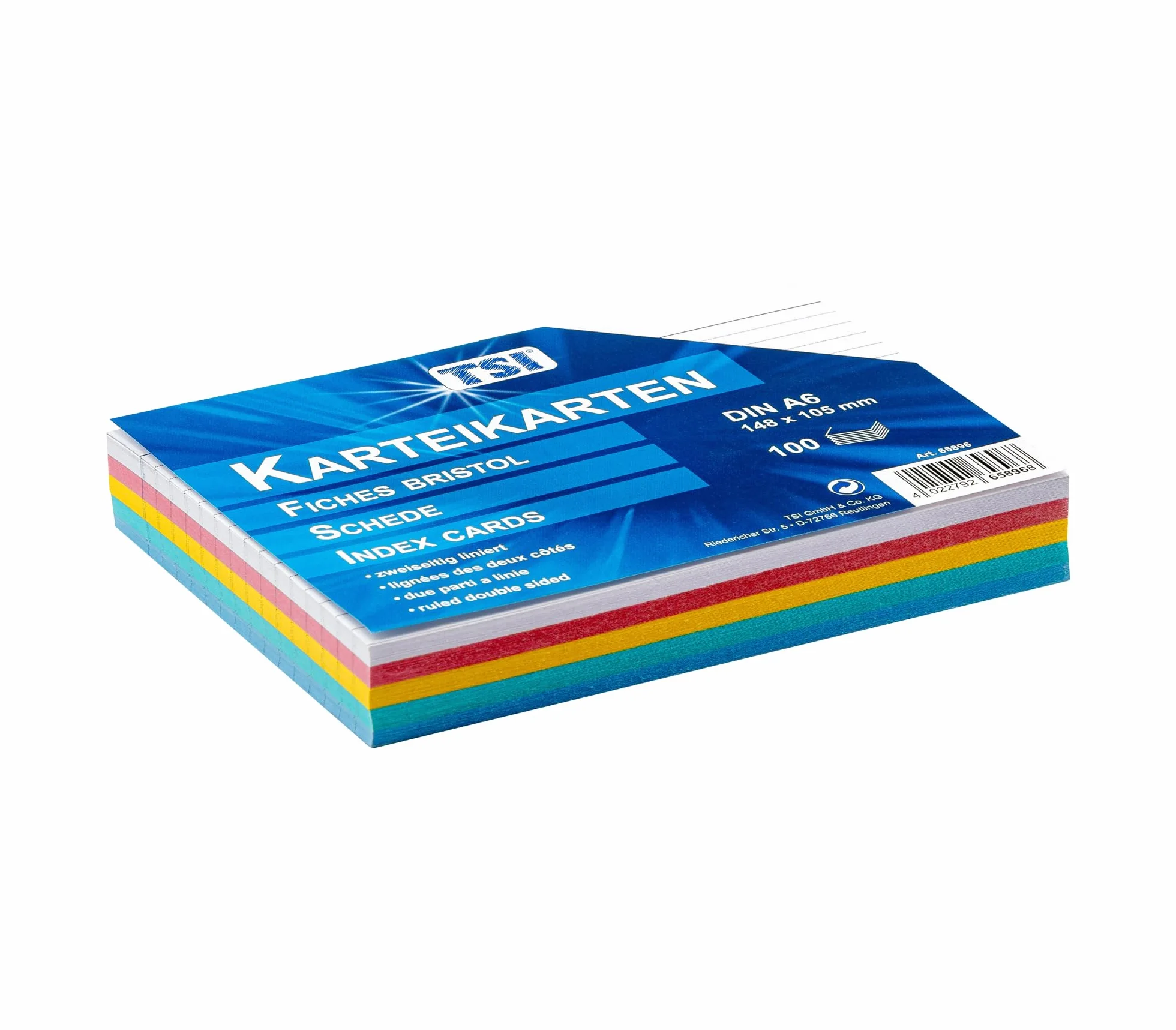 TSI 65896 kolorowe fiszki, opakowanie 100 sztuk, w linie, DIN A6