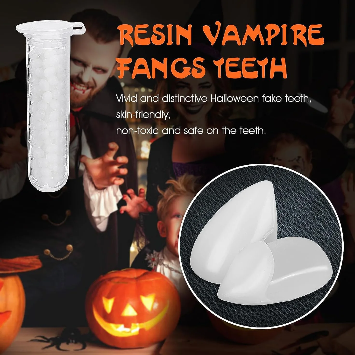 4 pary kłów wampira z klejem, zęby wampira, kły wampira, sztuczne zęby, wielokrotnego użytku, kły wampira, zęby na Halloween, imprezę, cosplay, 4 pary