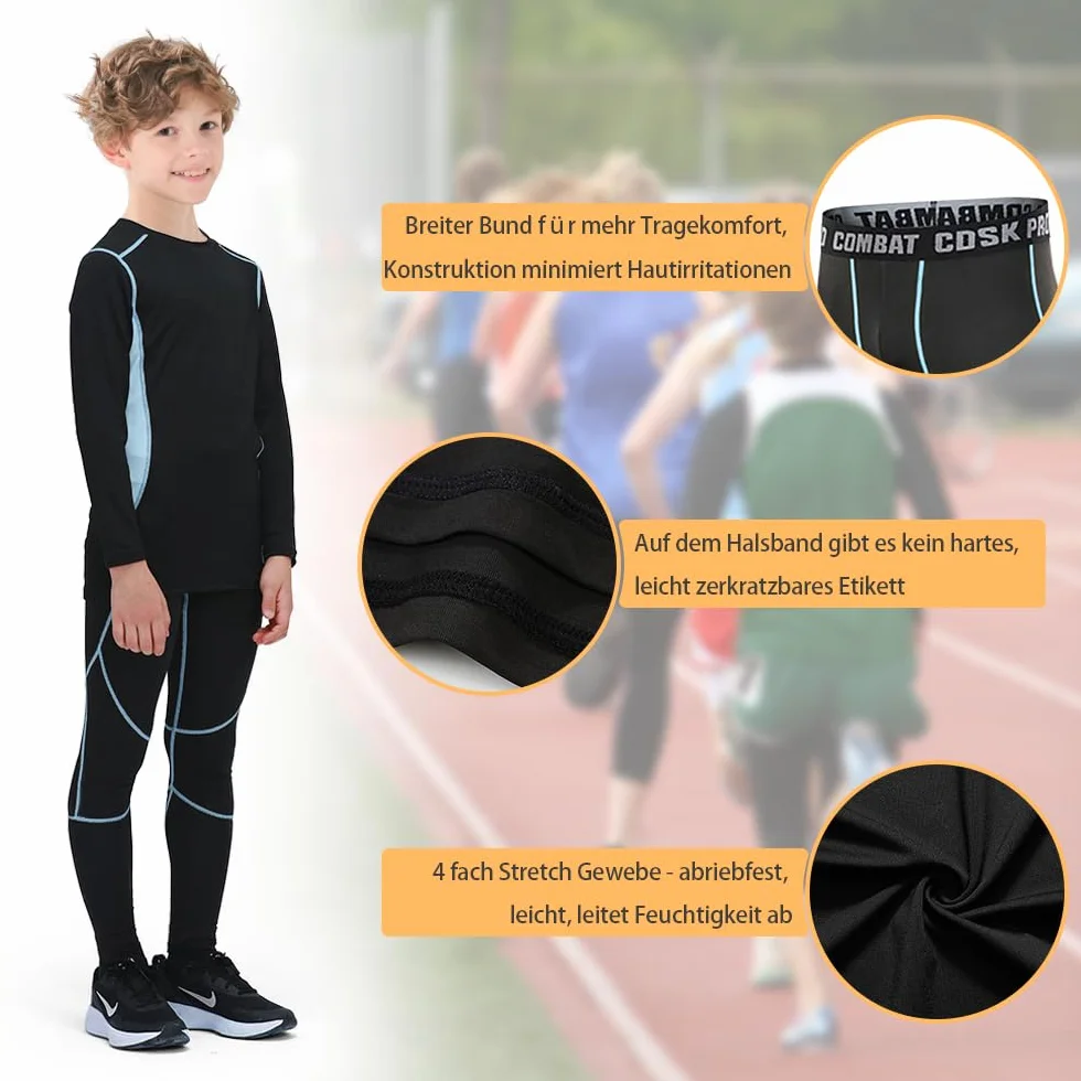 Leeboom Dziecięca bielizna termiczna sportowa bielizna funkcjonalna oddychająca bielizna narciarska bielizna termiczna do biegania narciarskiego, Czarny z niebieskim, 28/140-145cm