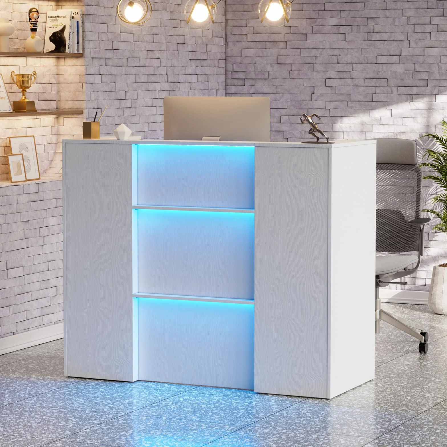 Lada recepcyjna z diodami LED, lada sprzedażowa 120 cm x 100 cm x 50 cm z zamykanymi szufladami i półkami, lada recepcyjna z dużą powierzchnią roboczą, lada recepcyjna do biura, salonu, sklepu lub