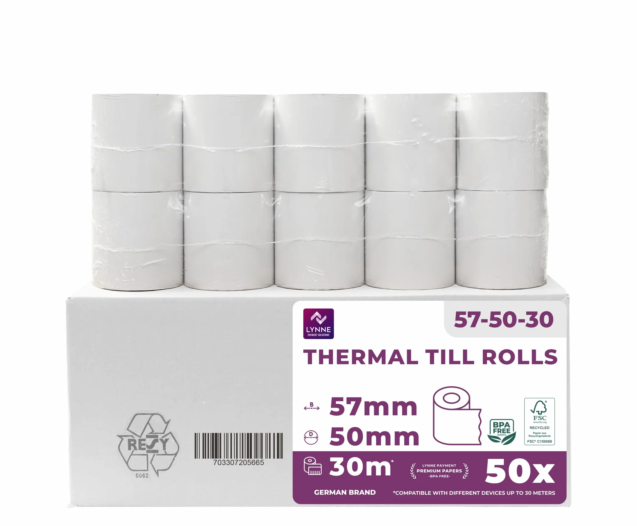 LYNNE PAYMENT SOLUTIONS Lynne Payment Solutions Rolki termiczne 57 mm x 50 mm x 12 mm, rolki kasy, rolki paragonów do kas z drukarką paragonów, papier termiczny, nie zawierają BPA, 50 rolek