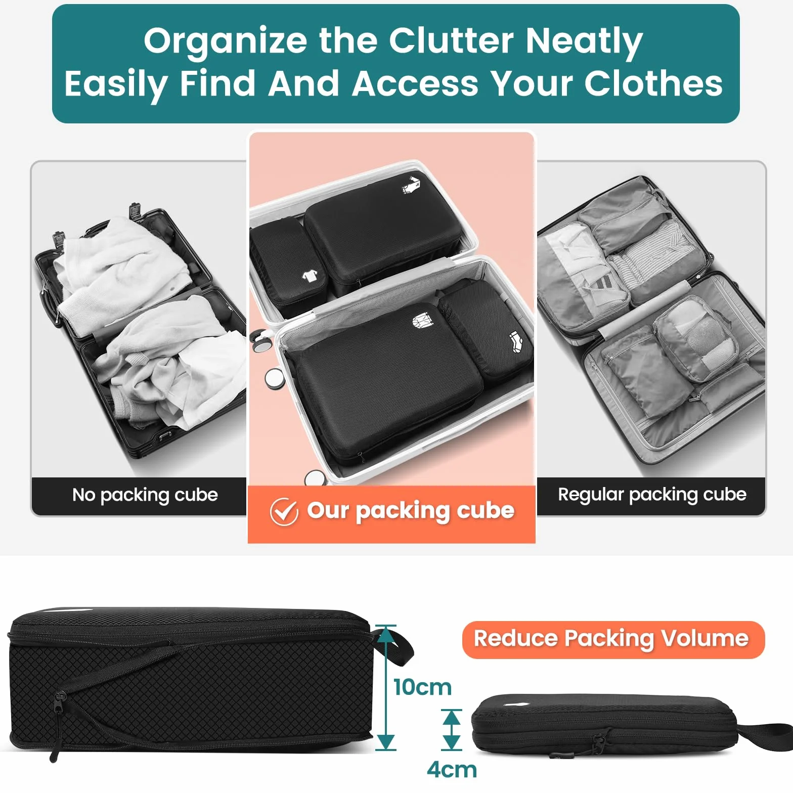Packing Cubes kompresyjne 8 sztuk organizerów do walizki, wodoszczelne kostki pakujące z kompresją, niezbędne akcesoria podróżne do bagażu podręcznego, walizki i plecaka, antracytowo-czarne