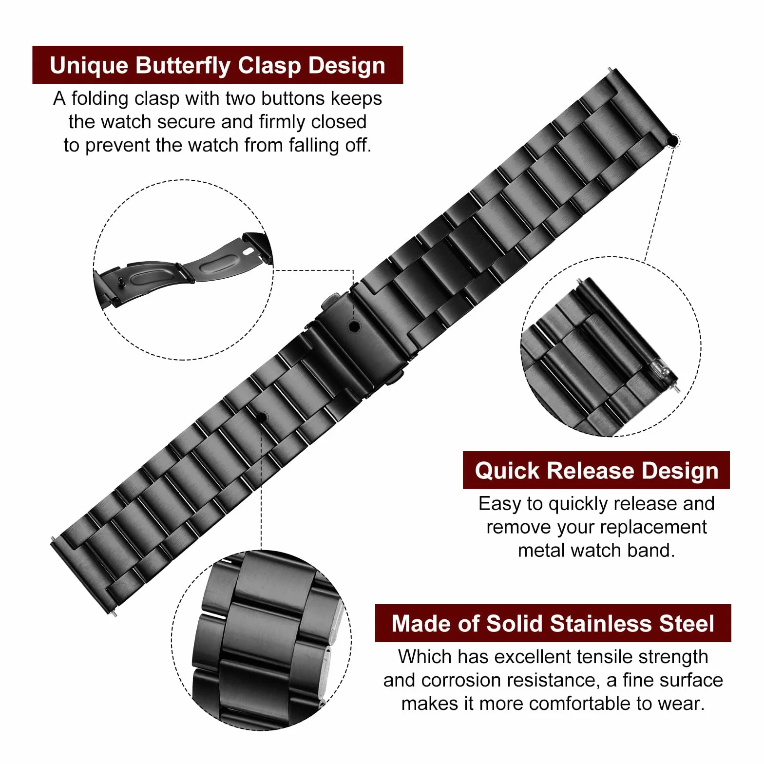 QUARKZMAN 22 mm paski do zegarków z stali nierdzewnej, metalowym zapięciem motylkowym, metalową powłoką Quick Release, z adapterem, black