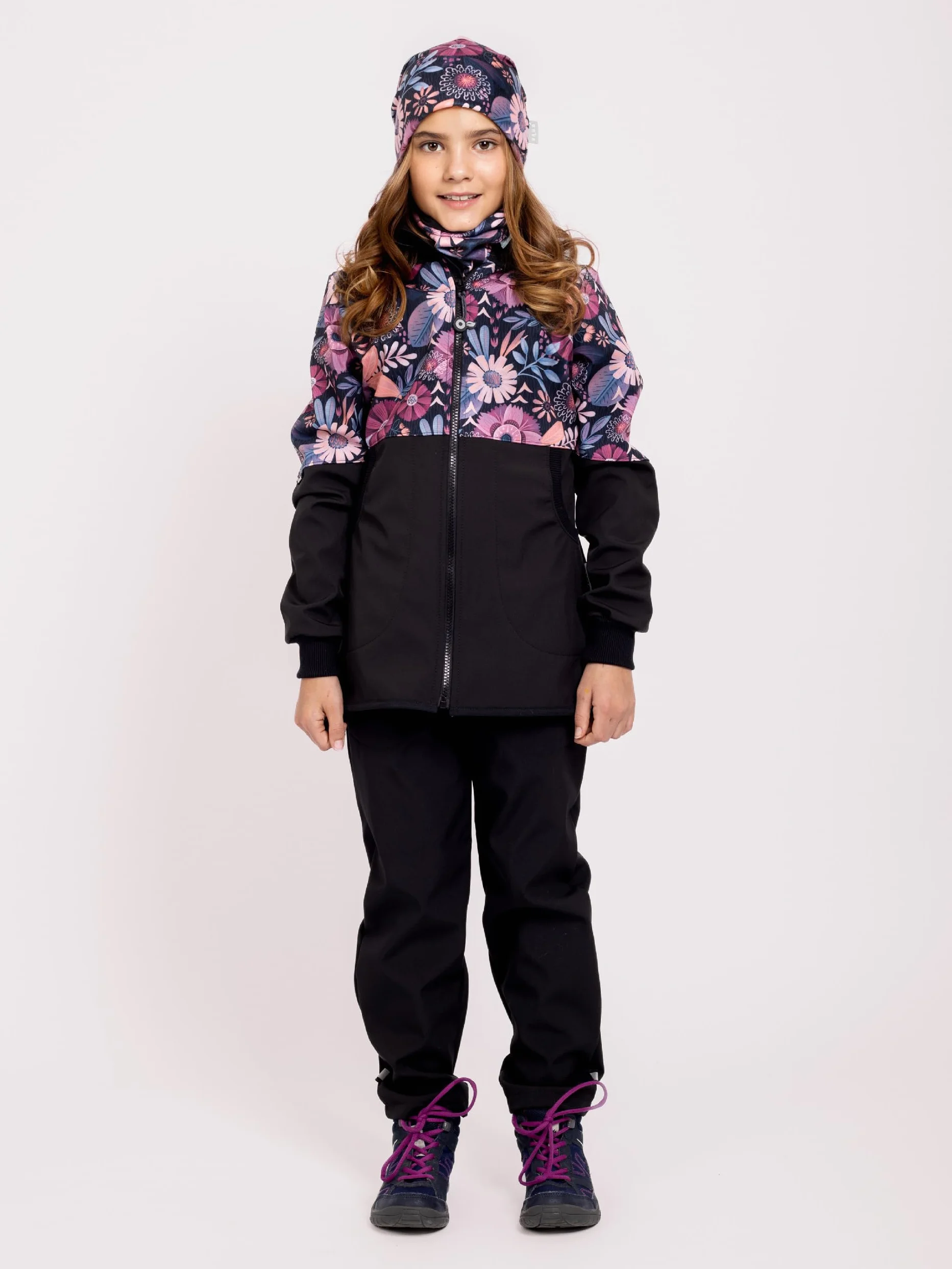 Dziewczęcy płaszcz softshell z polaru Street, czarny, magiczne kwiaty