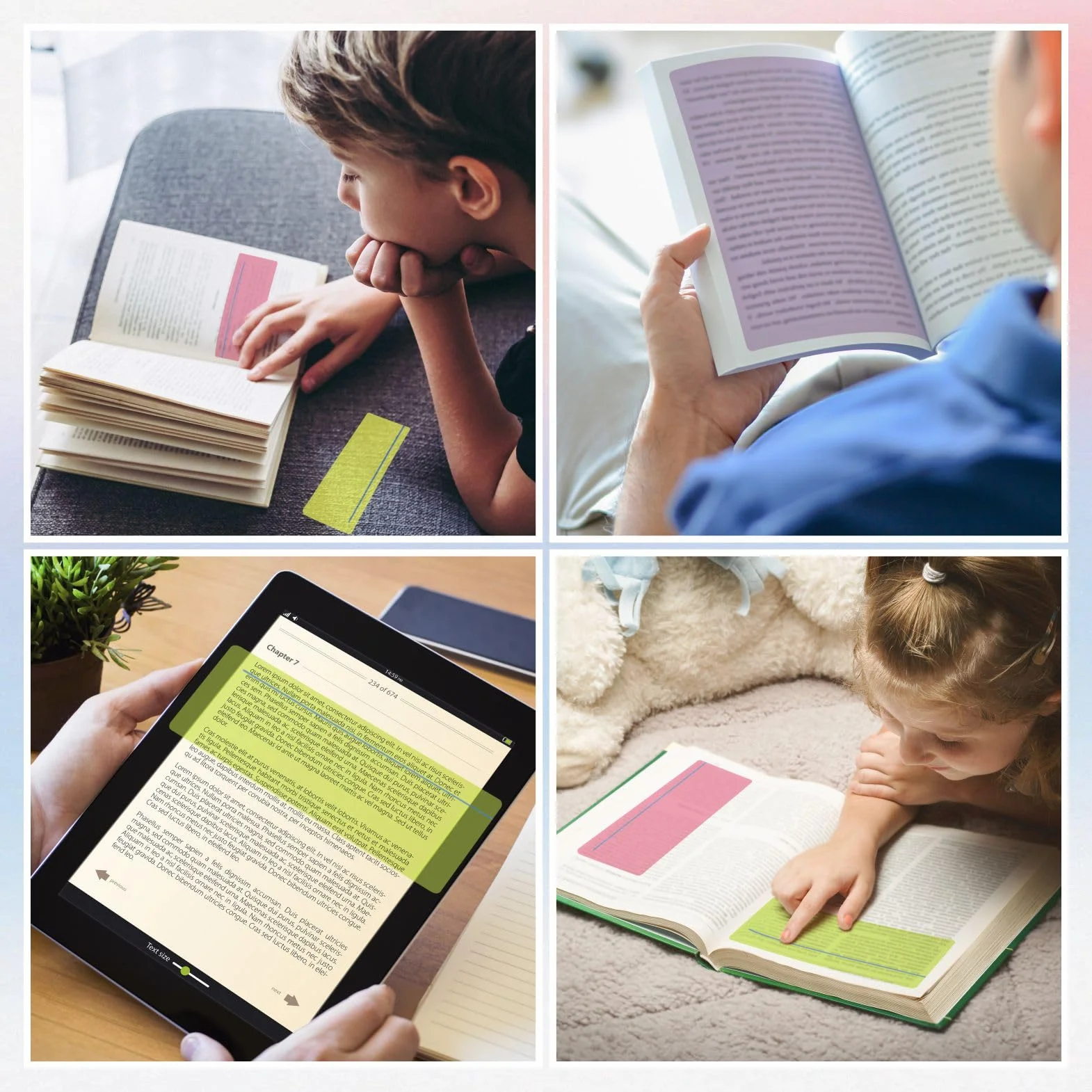 Zocipro 12 sztuk narzędzi do kompensacji dysleksji, 6 szt. A4 kolorowe nakładki z 6 linijkami do czytania, linijka do czytania linijki do dysleksji, zespół Irlensa