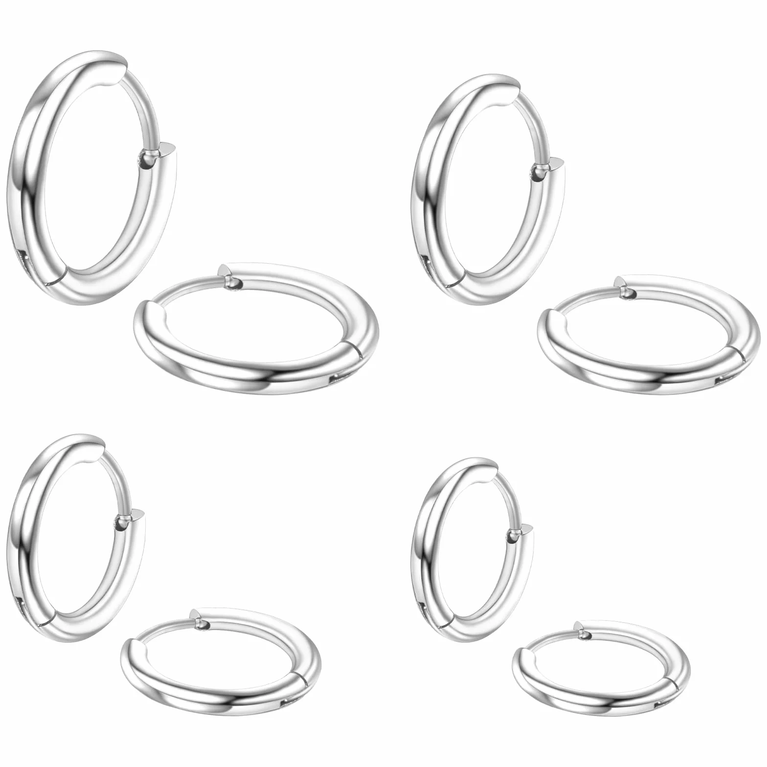Zestaw 4 par kolczyków kółek ze stali chirurgicznej 316L dla mężczyzn i kobiet – 8 mm, 10 mm, 12 mm, 14 mm – srebrny