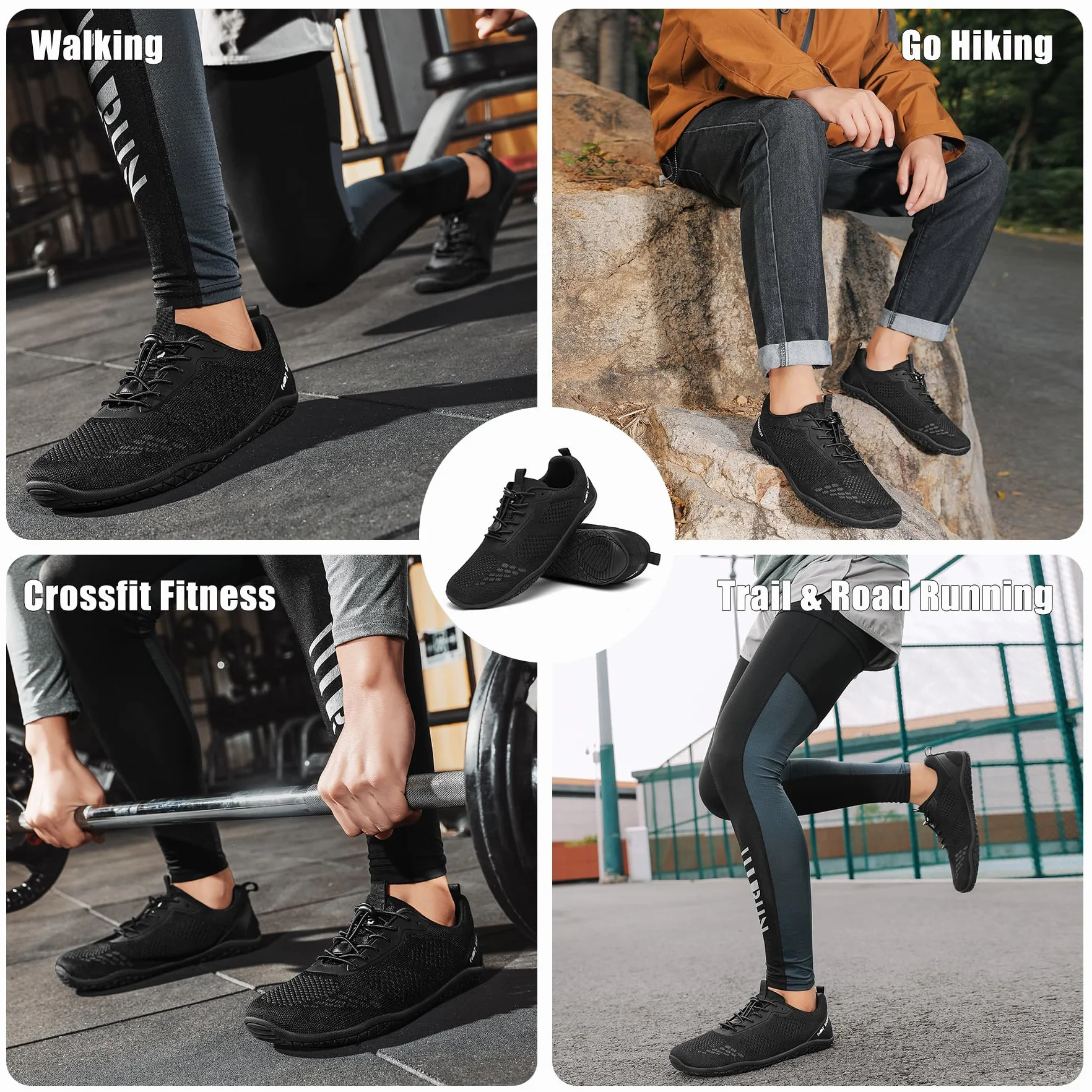 Geweo Buty Barefoot Męskie i Damskie Lekkie Wygodne Buty Sportowe Treningow z Szeroką Skrzynią na Palce Oddychające Buty do Biegania, do CrossFit i Fitness, Świeżym Powietrzu Sport Unisex Czarny 43EU