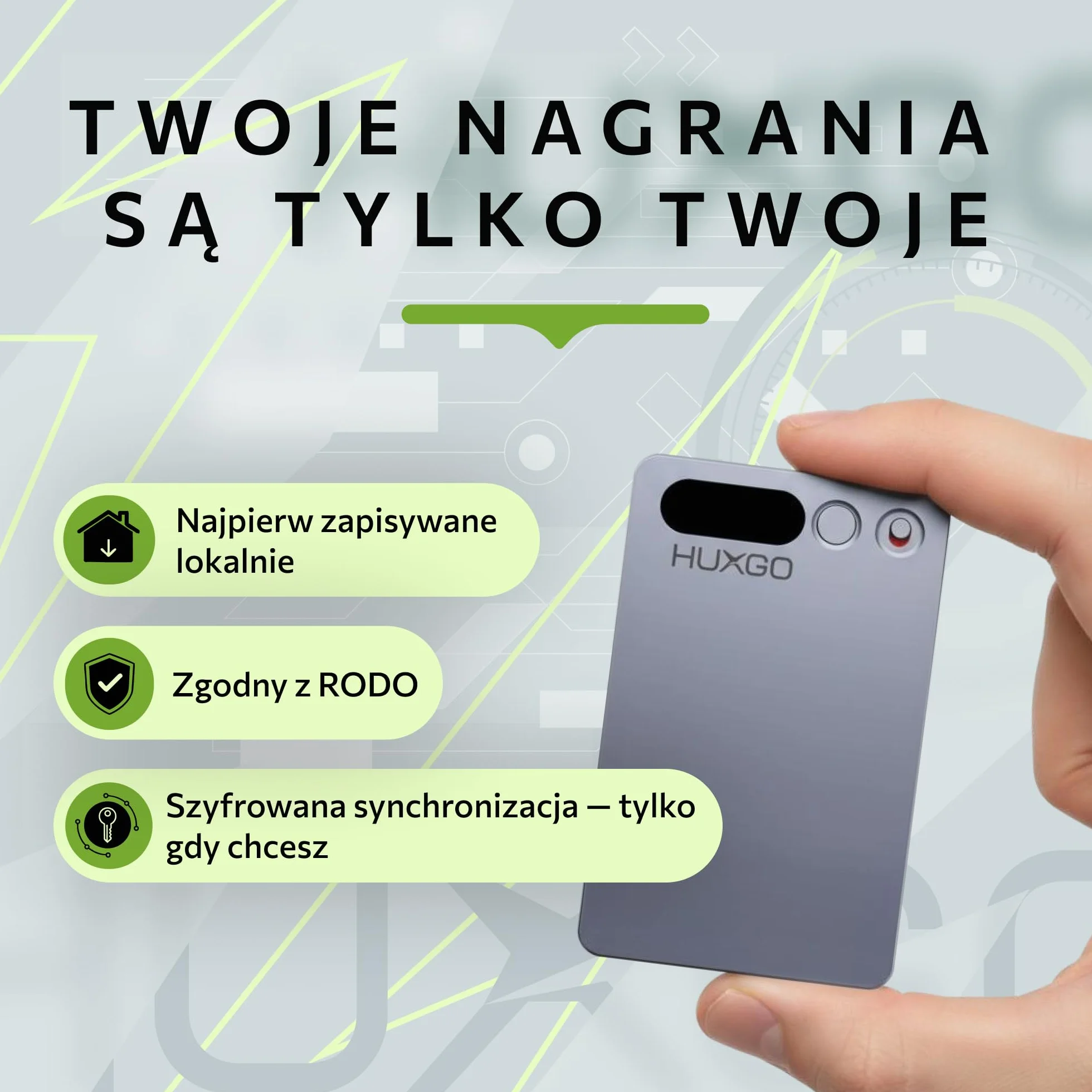 Dyktafon Cyfrowy AI 64GB z Podwójnym Mikrofonem i Redukcją Szumów – 35 h Nagrywania, Bluetooth 5.3, Aplikacja do Transkrypcji i Tłumaczenia (118+ Języków) - HUXGO®