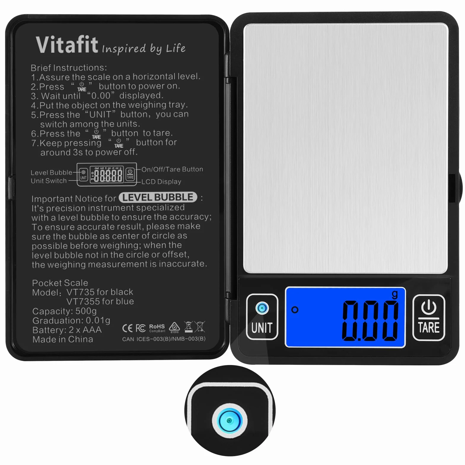 Vitafit 500 g cyfrowa waga kieszonkowa 0,01 g, wysoka dokładność dzięki wbudowanej poziomnicy, waga gramowa do wielu funkcji: kuchnia, żywność, biżuteria, laboratorium, kawa, czarna