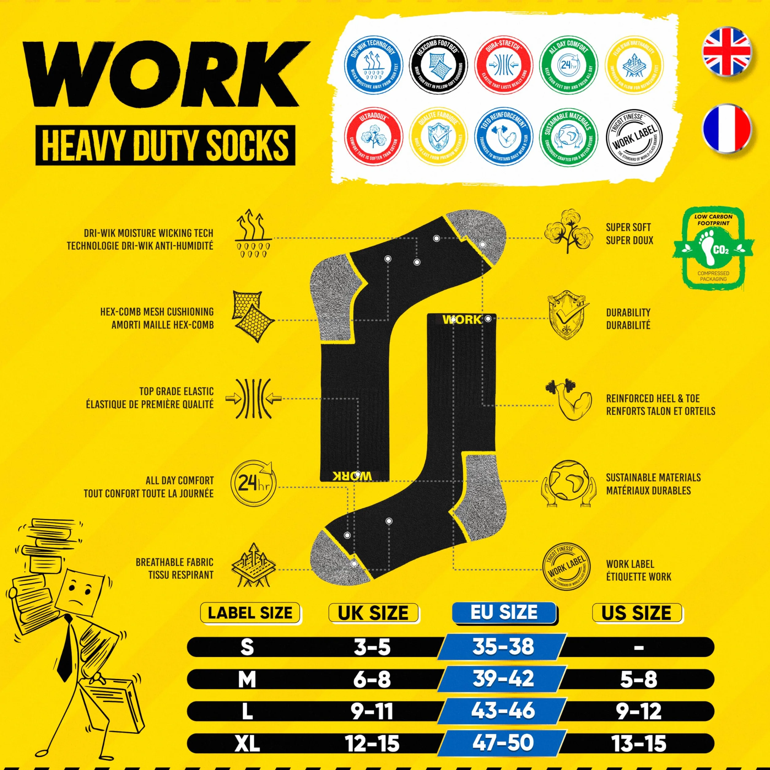SOXCO 10 par męskie skarpety robocze zestaw, czarny, 10 par WORK Socks