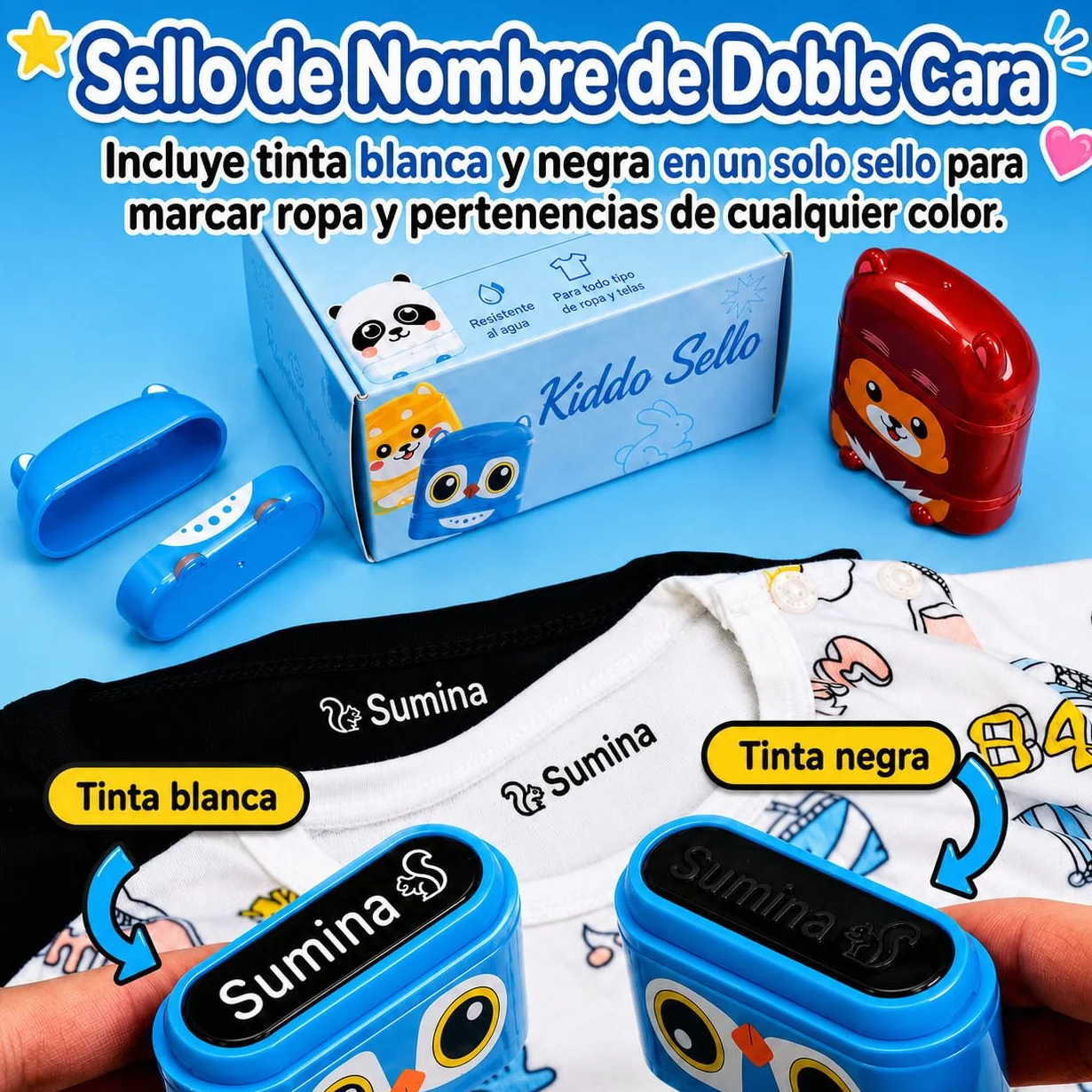 KiddoSpace stemple z imieniem dla dzieci - Kiddostamp dwustronna spersonalizowana pieczęć z imieniem - spersonalizowane znaczki odzieżowe - wodoodporna pieczęć z imieniem (biały + czarny atrament)