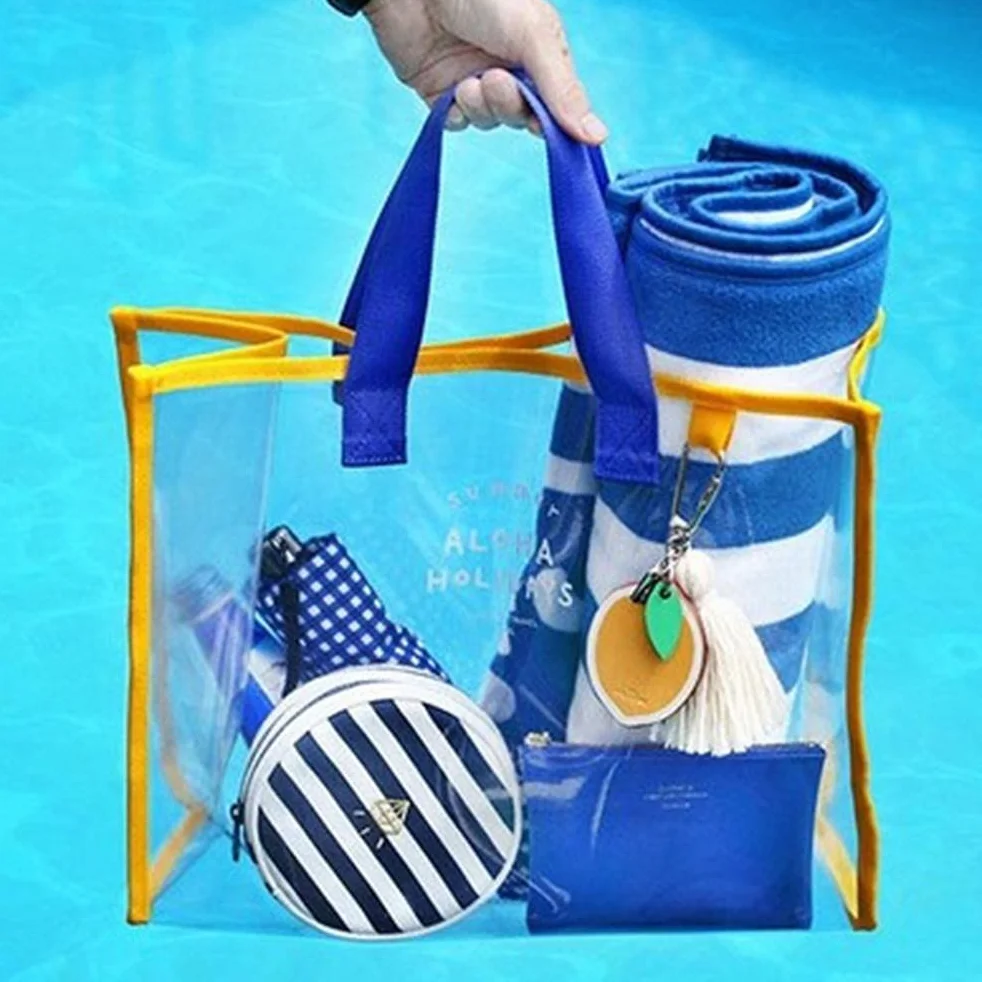 duża wodoodporna przezroczysta torba plażowa unisex, czerwono-szara, 35,5 x 28 x 15 cm, dla kobiet, nastolatków