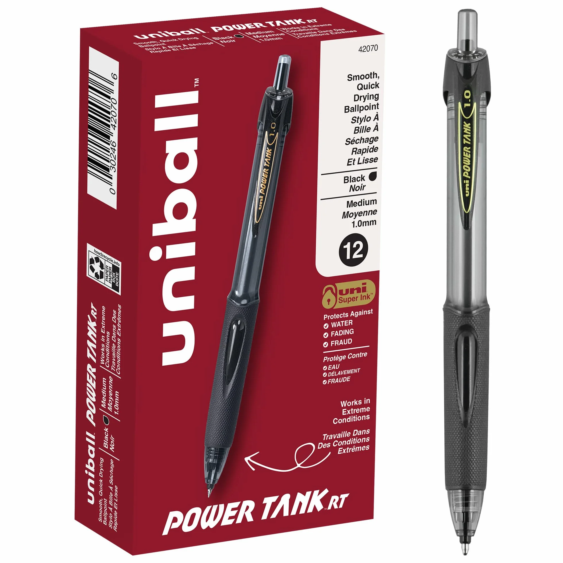 uni-ball - 42070 PowerTank wysuwane długopisy kulkowe, pogrubiony punkt (1,0 mm), czarna beczka, czarny atrament, 12 sztuk