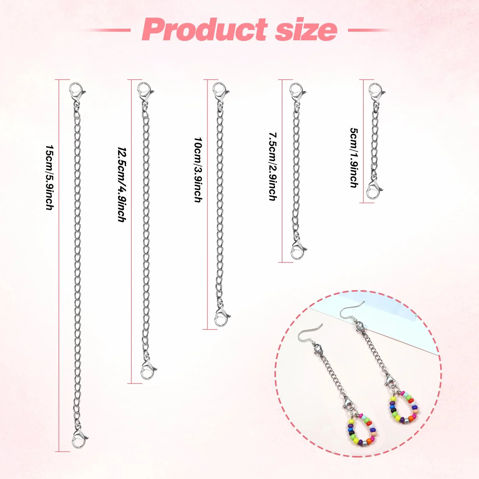 TOAOB 5 sztuk przedłużek do łańcuszka ze stali nierdzewnej, 5 rozmiarów, 5 cm, 7.5 cm, 10 cm, 12.5 cm, 15 cm, przedłużacz, łańcuszek przedłużający do produkcji biżuterii