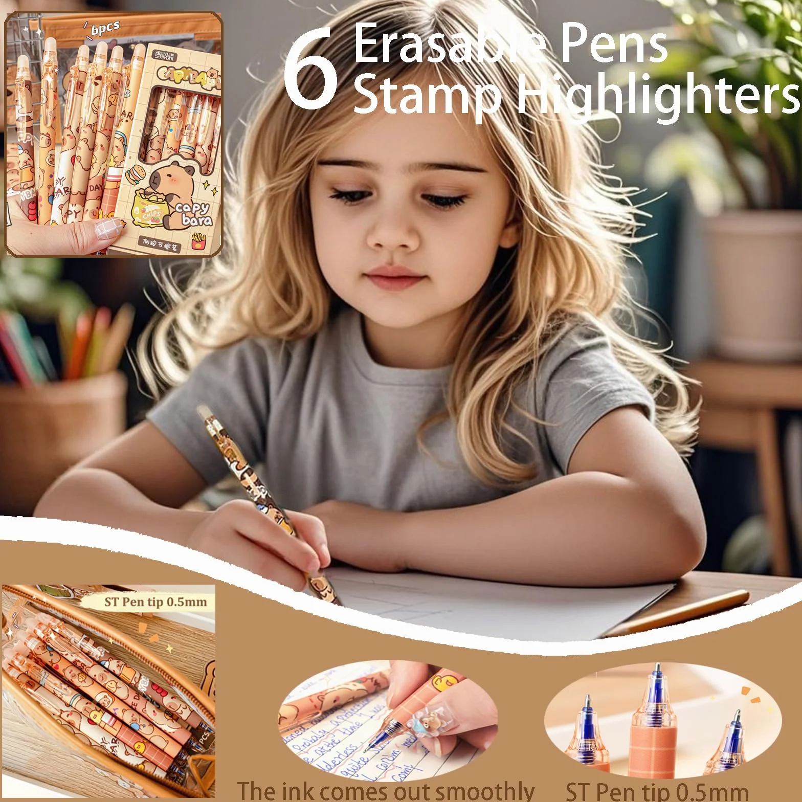 Capybara zestaw artykułów piśmienniczych – duży piórnik, 4 zeszyty spiralne A5, 10 długopisów kulkowych (2 style), 12 ołówków, 2 gumki, idealny prezent urodzinowy dla dzieci