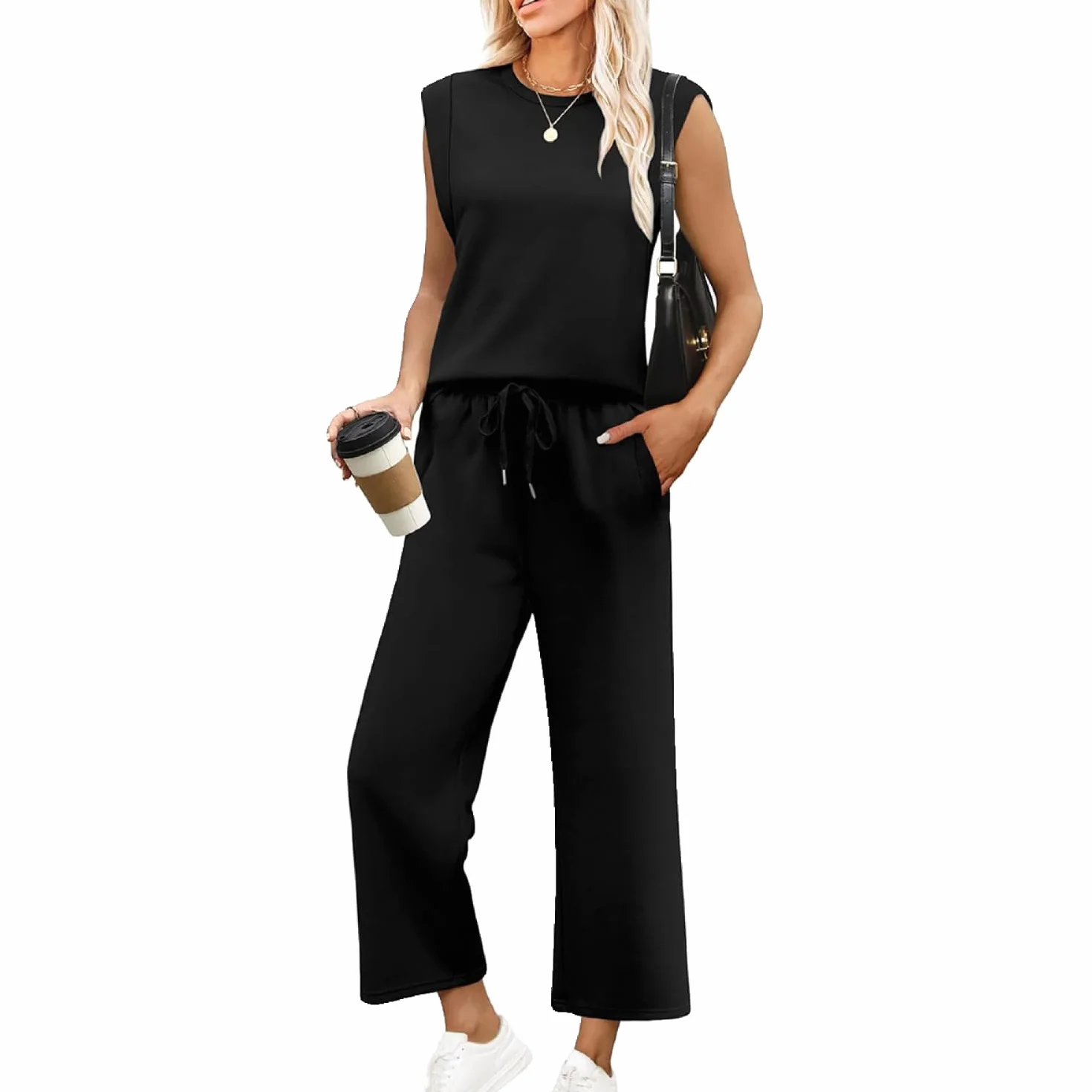 Womens Casual Sleeveless Top and Wide Leg Pants Set 2 Piece Outfit Solid Color Round Neck Lounge Wear Matching Set for Summer Spring Daily Wear