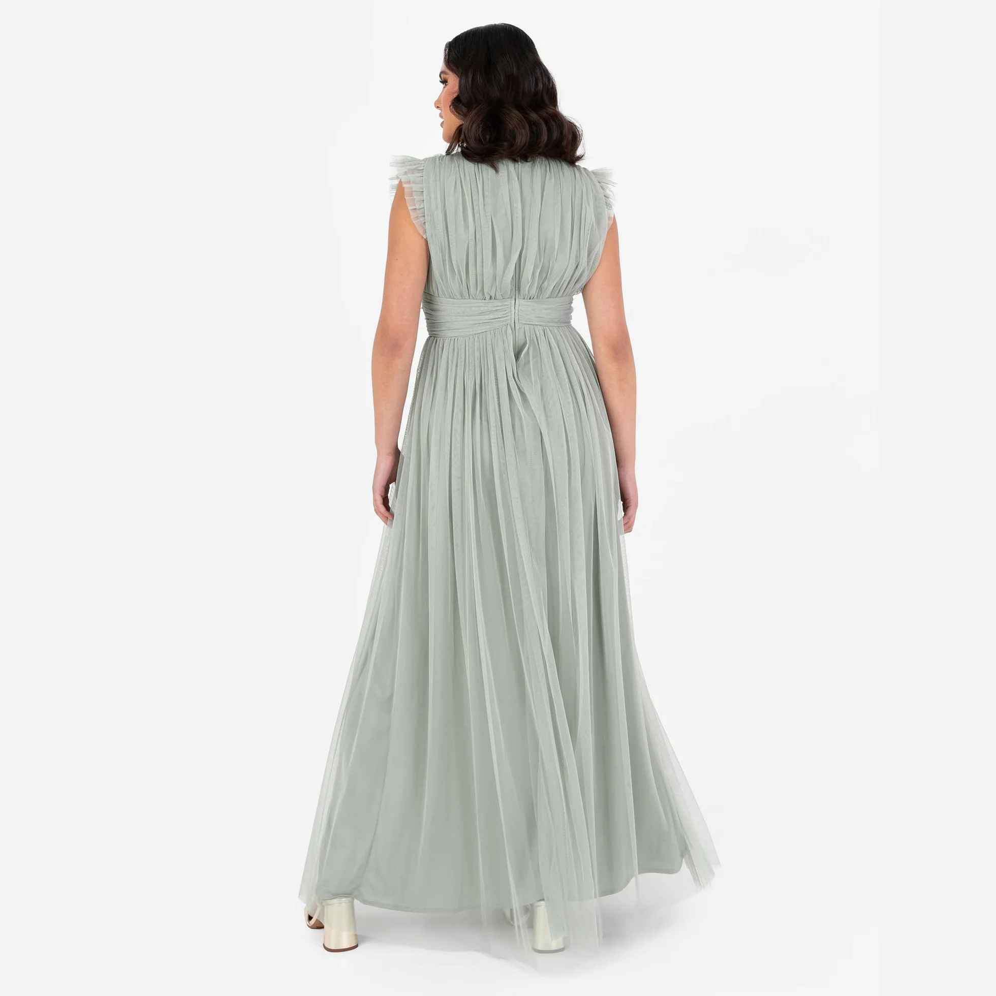 Anaya with Love Damska sukienka maxi damska z dekoltem w serek krótki rękaw split tiul linia A dla gości weselnych wieczór panieński okazja Ball Gown Kobiety, Mrożona zieleń, 52