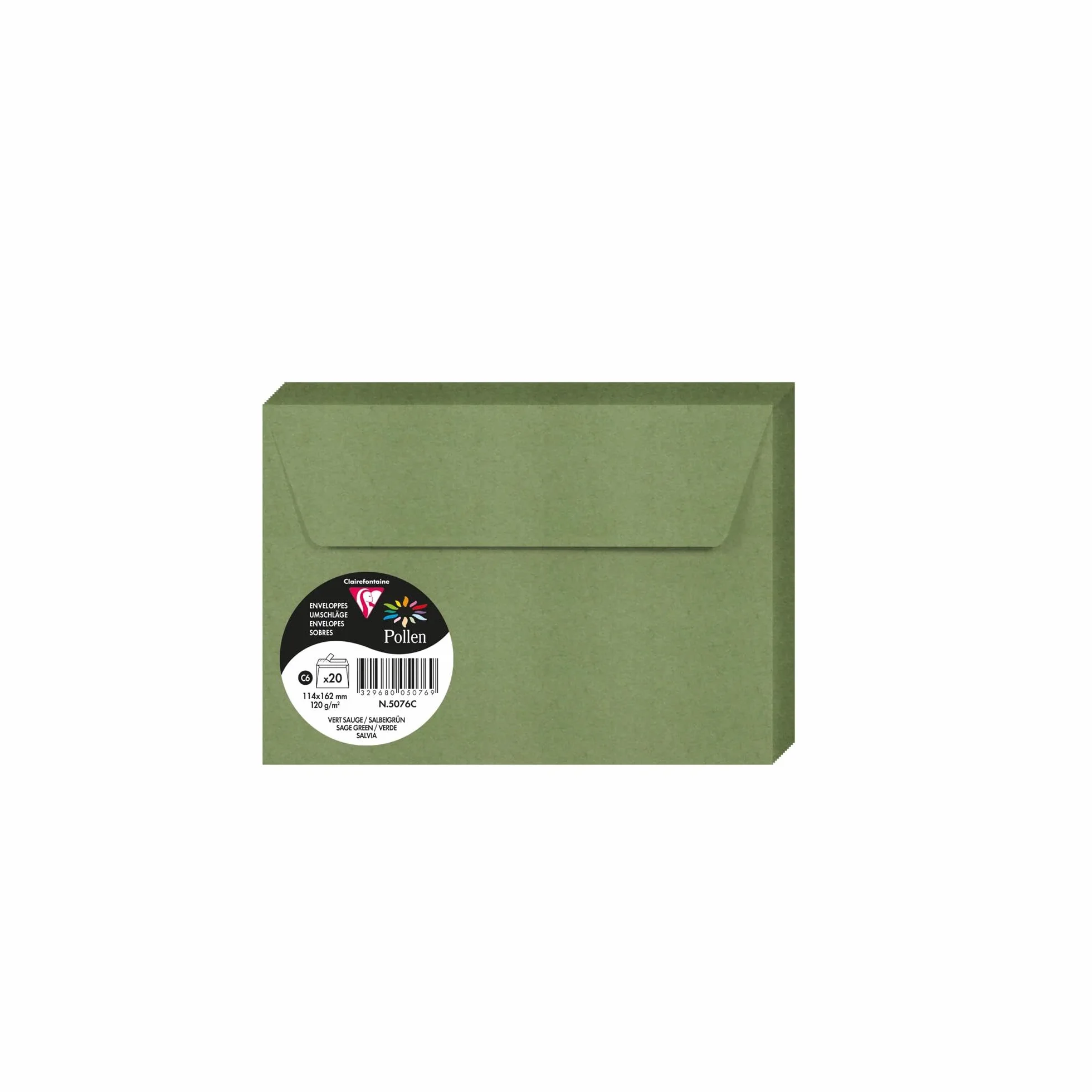 Clairefontaine 5076C – Zestaw 20 samoprzylepnych kopert – format C6 11,4 × 16,2 cm – 120 g/m² – kolor: szałwiowy – kolekcja Pollen – papier premium gładki