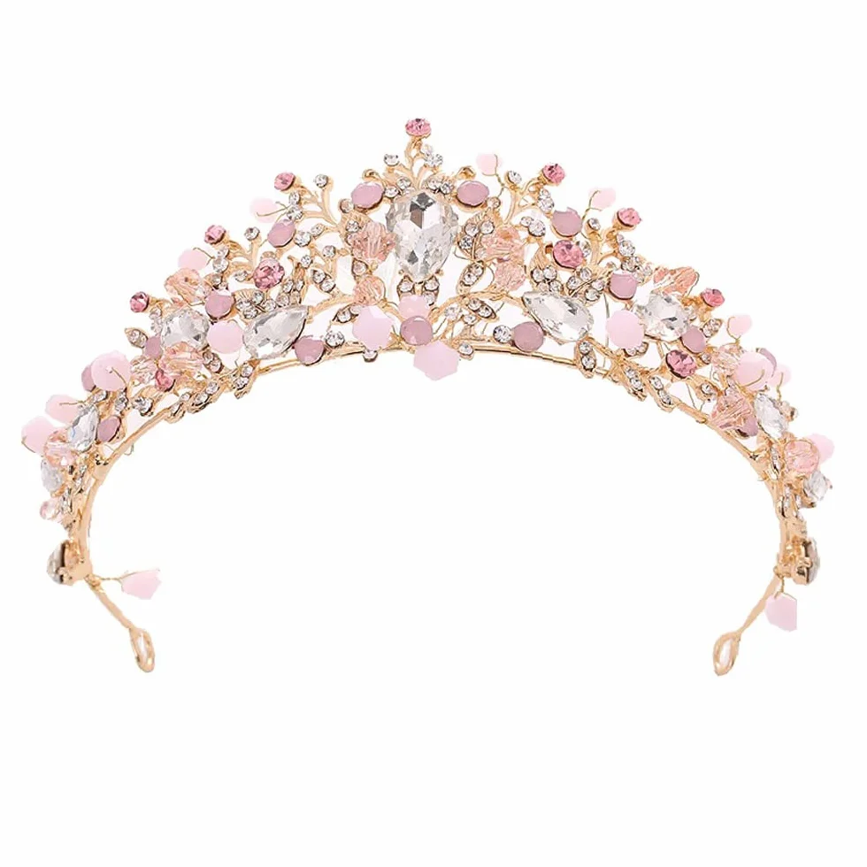 Tiara księżniczki, różowa, kryształowa, perła, kostium korona, korona, opaska na czoło, dla panny młodej, ozdoba do włosów, dla dziewcząt, na imprezę, akcesoria, Kryształ, Perła