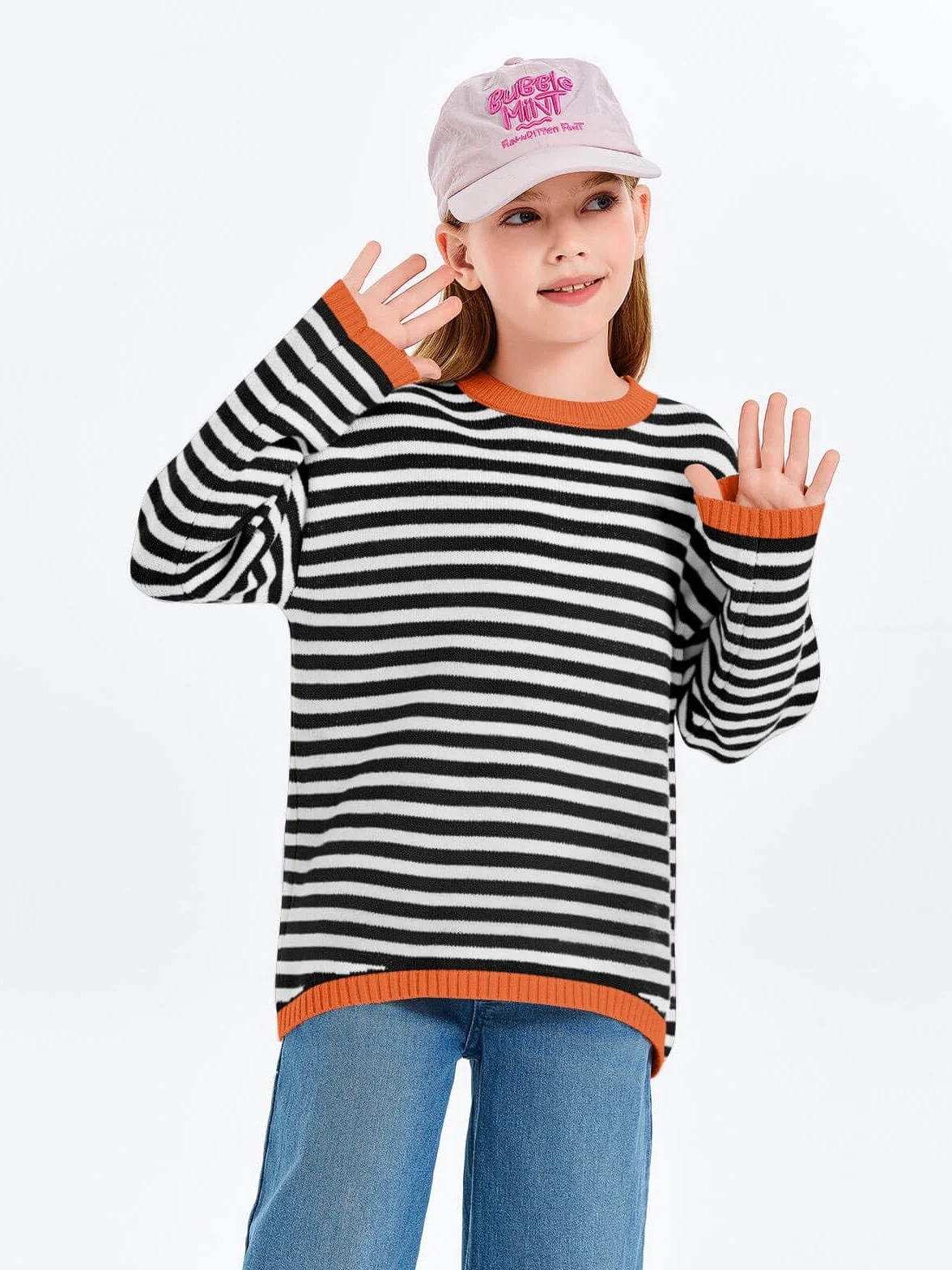Haloumoning Dziewczęcy sweter w paski, okrągły dekolt, lekki sweter z dzianiny dla dzieci, jednokolorowy, długi rękaw, dzianina, bluza zimowa, top