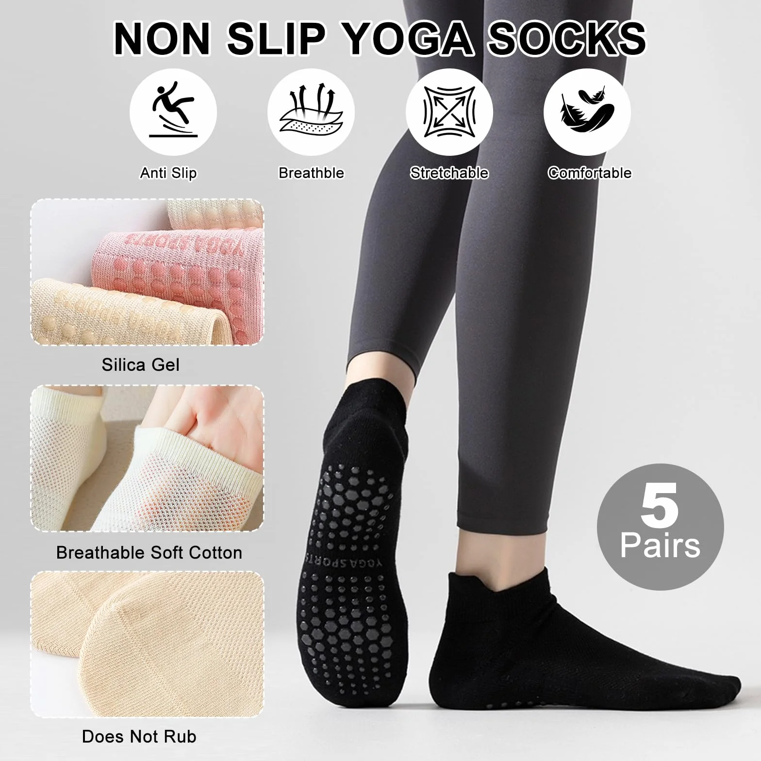 flintronic 5 par skarpet do jogi dla kobiet z uchwytami, antypoślizgowe, oddychające skarpety do baletu, pilatesu, tańca, fitnessu, treningu, jeden rozmiar, Rozmiar uniwersalny
