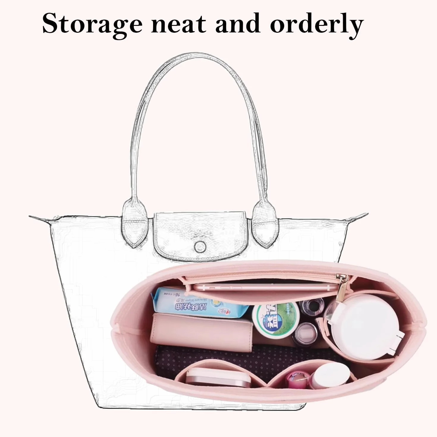 D.DUO Organizer do torby, akcesoria do torebki, odpowiedni do organizera Longchamp z długim uchwytem (różowy, długi uchwyt))