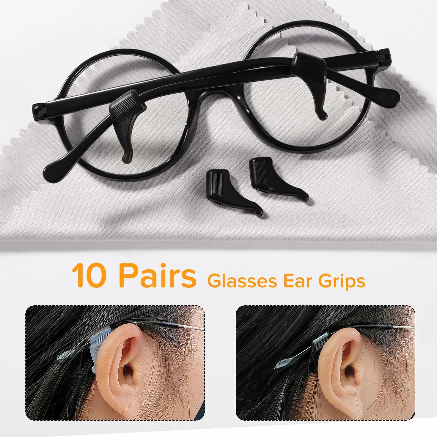 10 Par 20x11 mm Uchwyt na Okulary na Ucho, Silikonowy Uchwyt na Okulary, Antypoślizgowe Zauszniki na Okulary, z Ściereczka do Okularów, do Okularów, Okularów do Czytania, Biały/Czarny