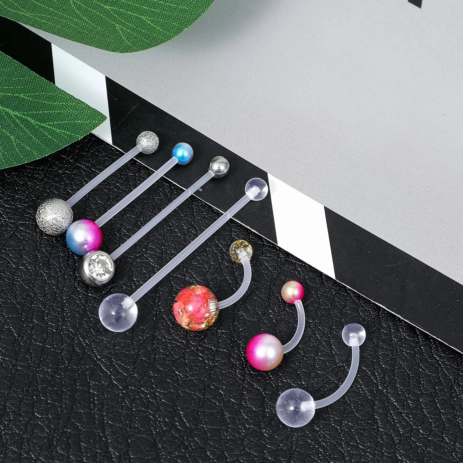 Lusofie Kolczyk do pępka dla kobiet w ciąży, 10-38 mm, z zamiennikiem do piercingu brzucha, kulki, tworzywo sztuczne PTFE, długi pręt do op, bioflex, długość pręcika