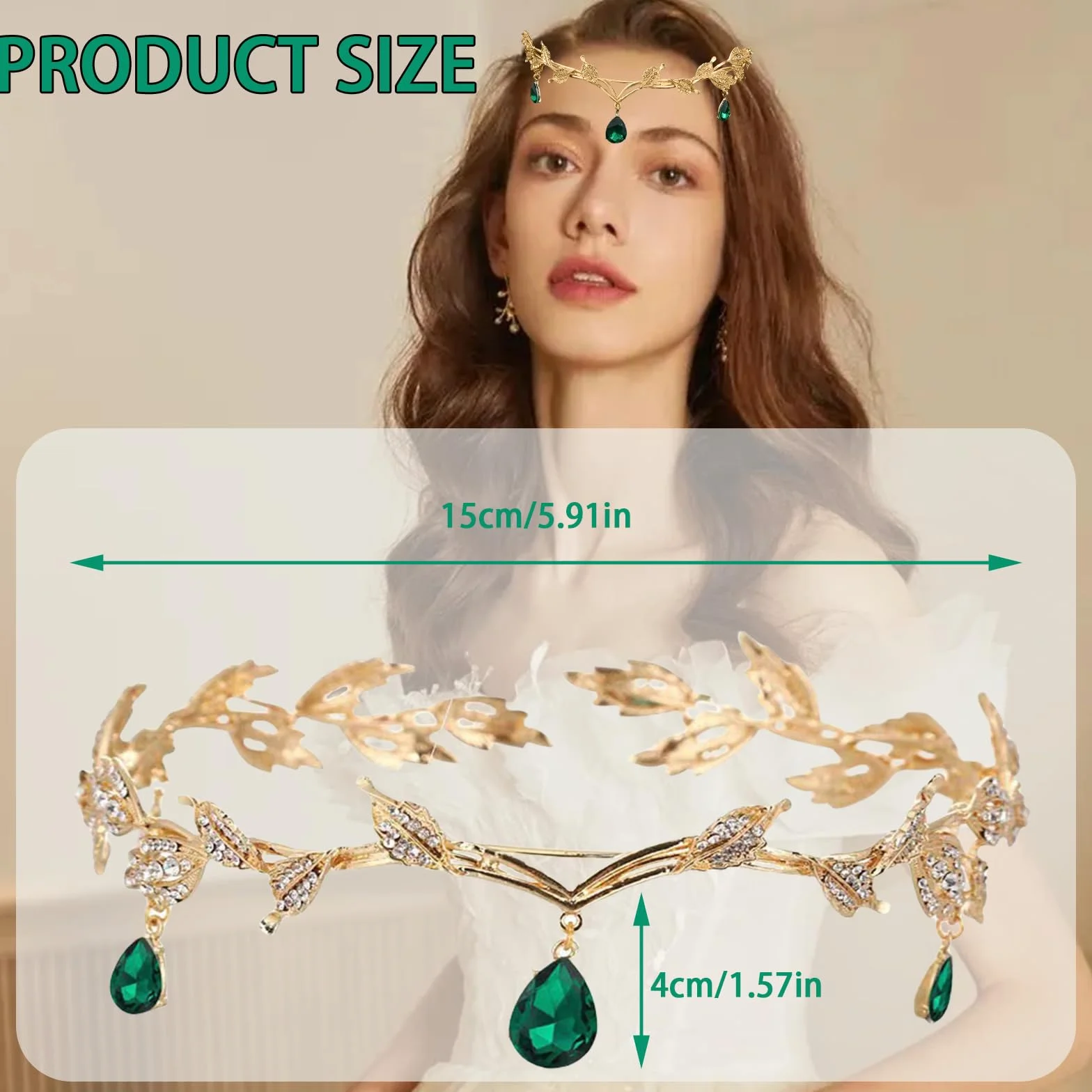 Fantazyjny elf Tiara, retro renesansowy elf tiara, tiara z kryształkami i liśćmi, panna młoda ślubna z koroną królową, nadaje się na Cosplay, wesela, imprezy anime i imprezy karnawałowe, 15x4