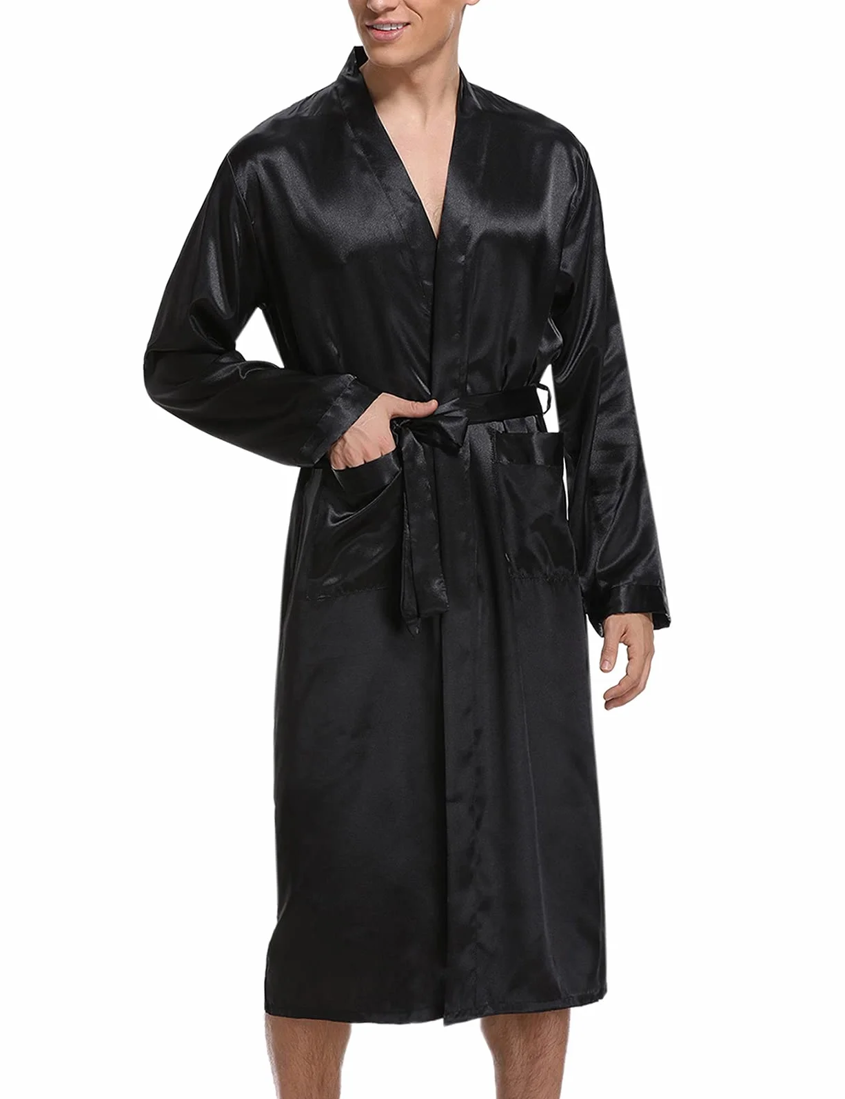 Męski satynowy szlafrok, kimono, długi szlafrok kąpielowy, lekki jedwab, bielizna nocna, piżama dla mężczyzn z paskiem, S-XXL