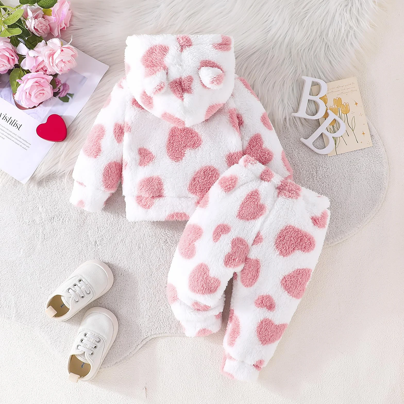 Kunyeah 2 szt. ubranka dla dziewczynek z polaru, dla małych dzieci, pluszowe, bluza dla noworodków, długi rękaw, zestaw spodni, ciepłe bluzy z kapturem, strój
