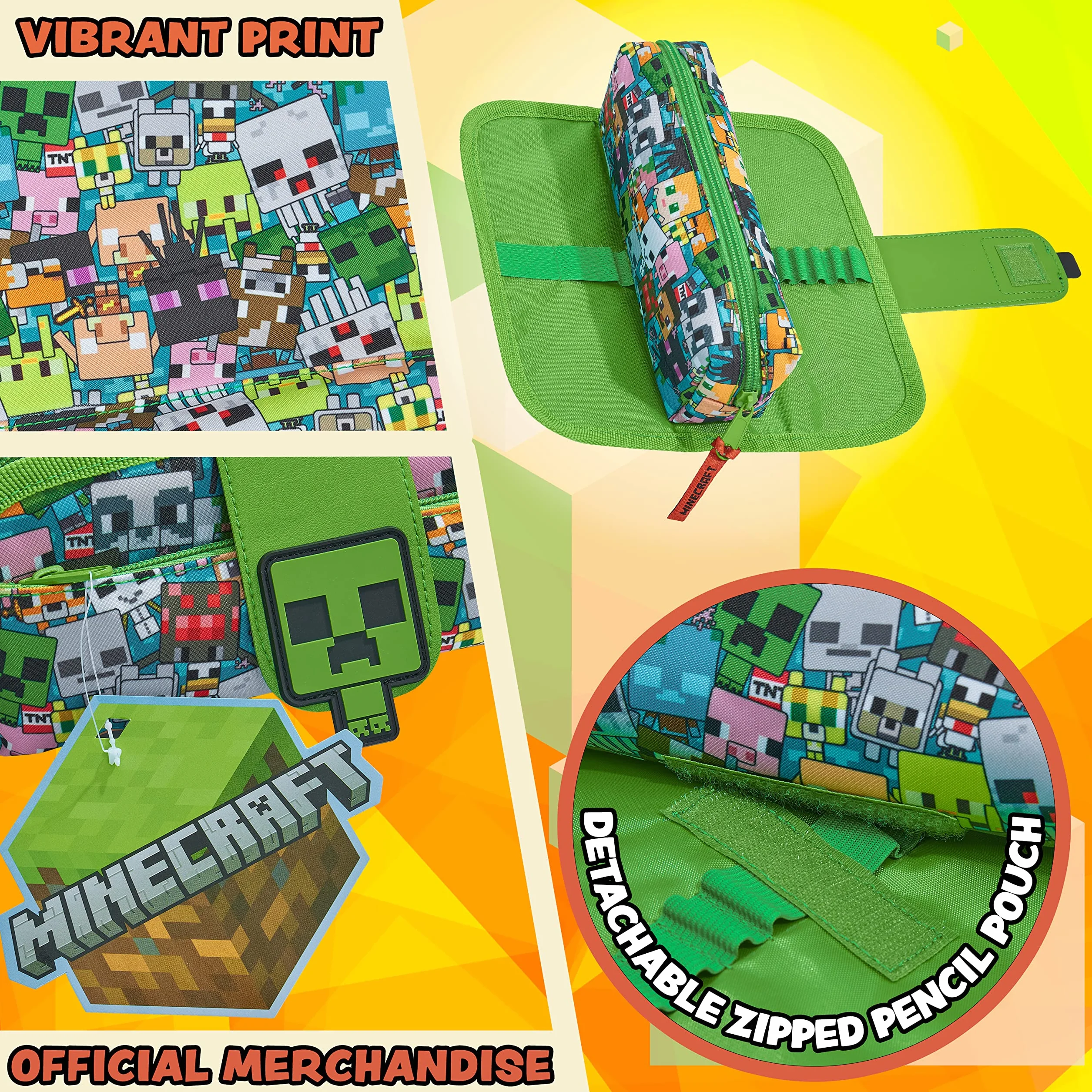 Minecraft piórnik dla chłopców i dziewczynek, etui na długopisy dla dzieci i graczy z wieloma przegródkami i odpinanym zamkiem błyskawicznym 2 w 1