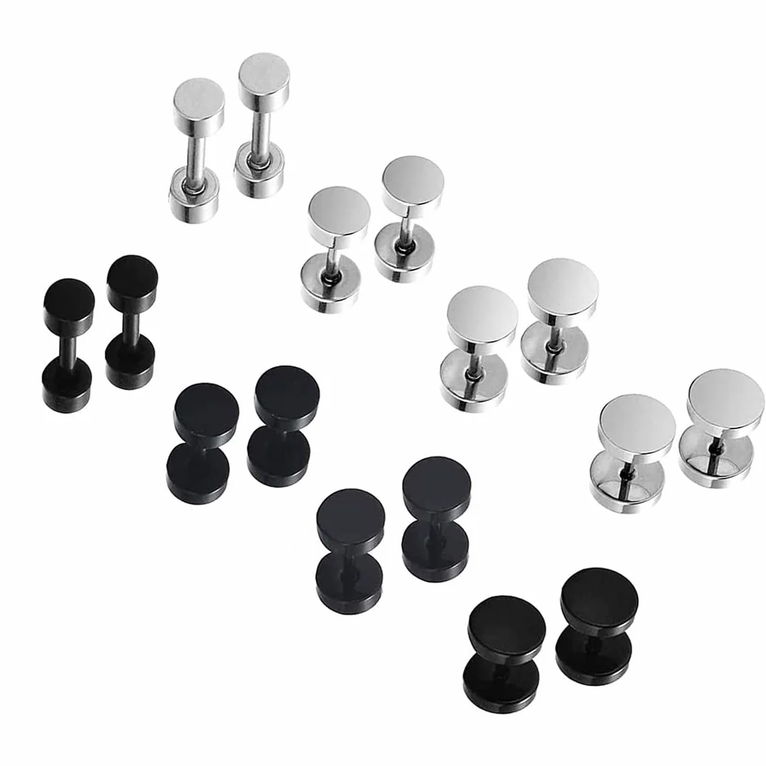 LEEQ 8 par okrągłych kolczyków na sztyfcie dla mężczyzn i kobiet, srebrne, czarne, 3 mm, 5 mm, 6 mm, 8 mm (srebrne, czarne, 3 mm, 5 mm, 6 mm, 8 mm)