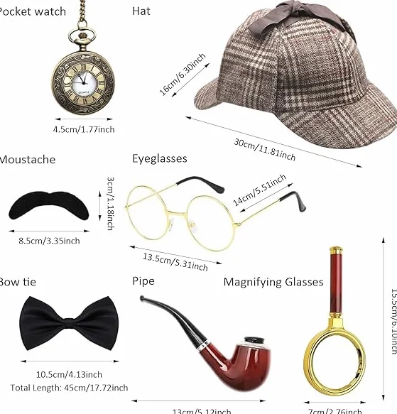 Sherlock Holmes, zestaw 7 akcesoriów do kostiumu detektywa, akcesoria do kostiumu detektywa, sztuczne okulary, wąsy, muchy, detektyw, cosplay, rekwizyty karnawałowe