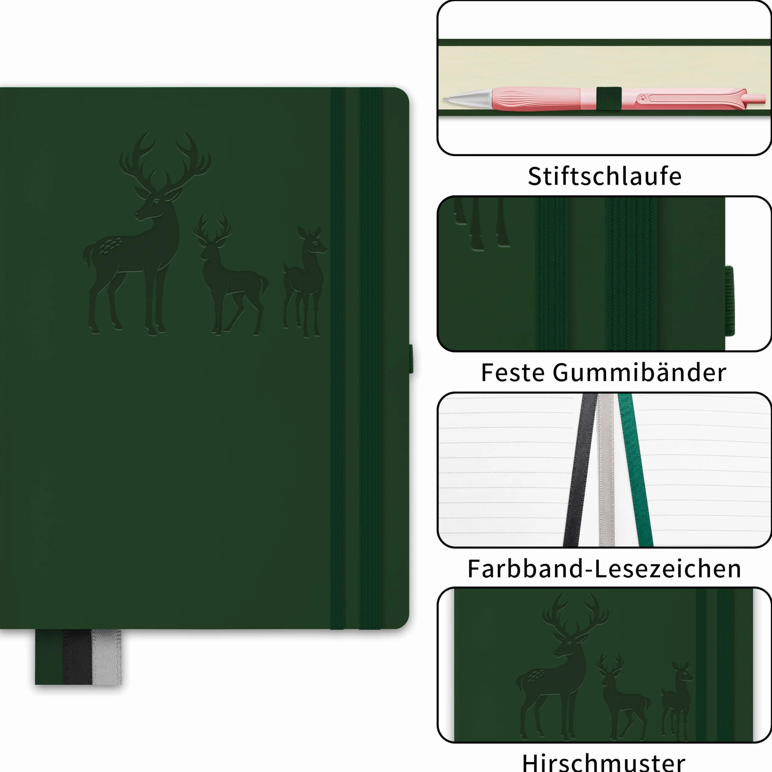 Notatnik A5 w linie, Bullet Journal A5 Gruby notatnik, 360 stron,papier w linie o gramaturze 100 g / m2 dla kobiet, mężczyzn, biurowy pamiętnik szkolny, 14,5 x 21 cm - zielony