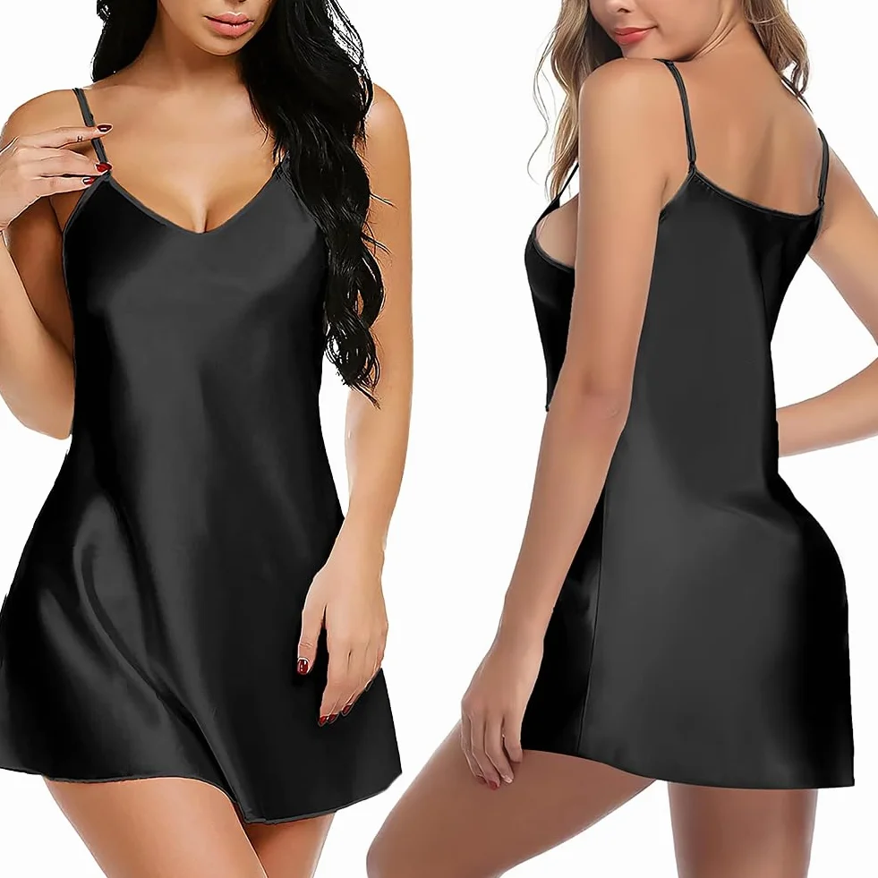 Aomig Damskie koszule nocne, satynowa koszula nocna, bez rękawów koszule nocne Babydoll, piżama damska z regulowanym paskiem koszula nocna bielizna z dekoltem w serek