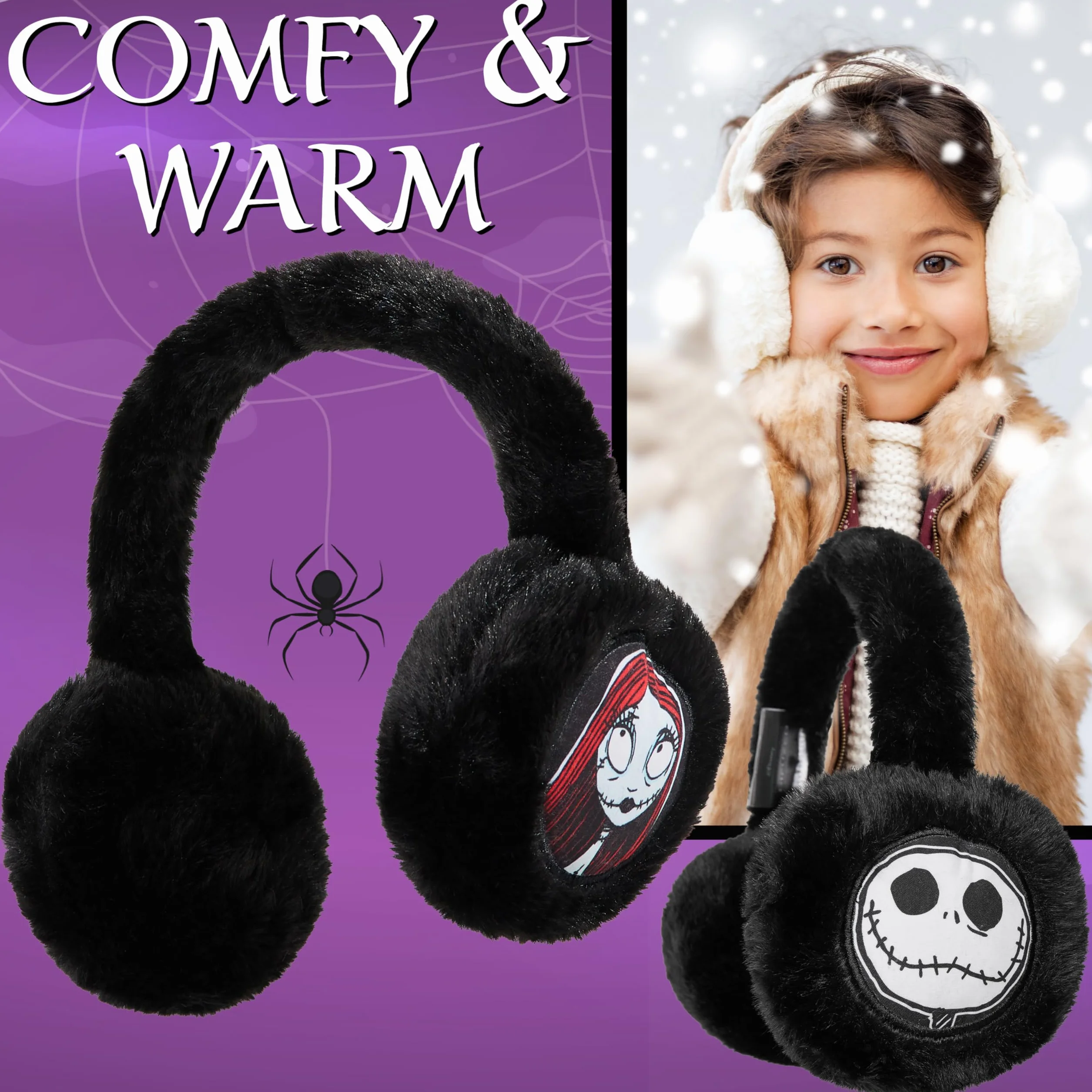 Disney The Nightmare Before Christmas dziewczęce puszyste nauszniki - prezenty dla niej, Czarny, Rozmiar uniwersalny