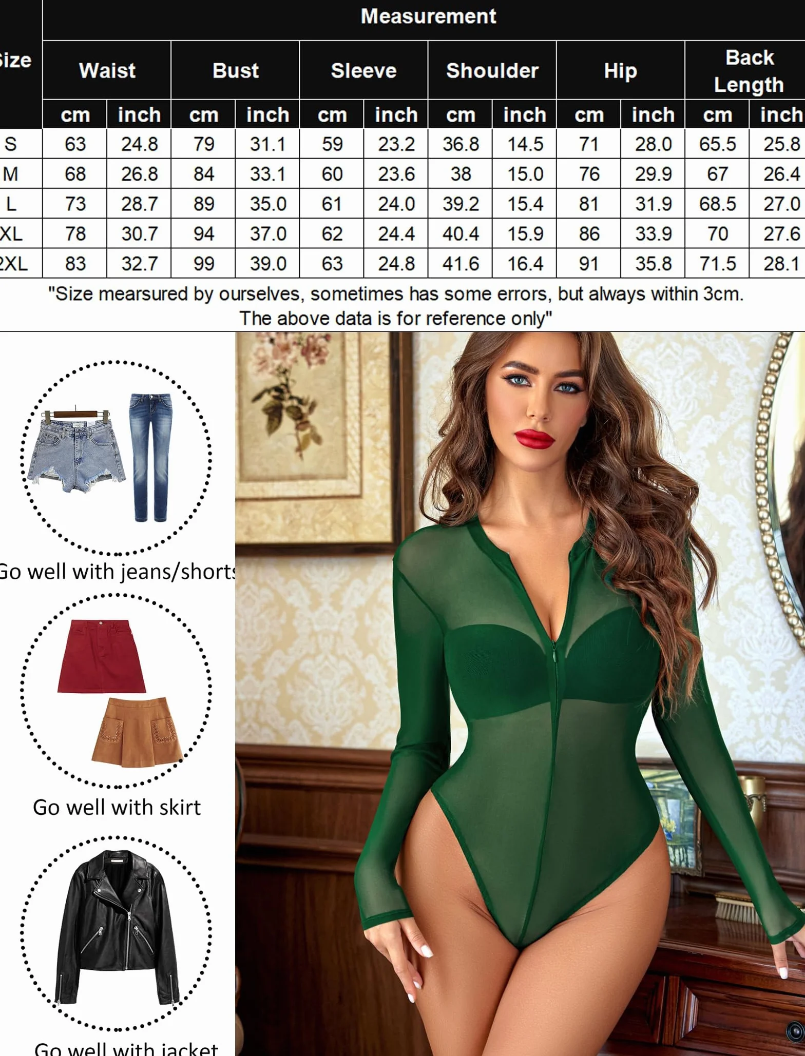 Avidlove Seksowne body damskie, koronkowe, siateczkowe, eleganckie body, zamek błyskawiczny, bluza z długim rękawem, koszulka na imprezę, strój klubowy