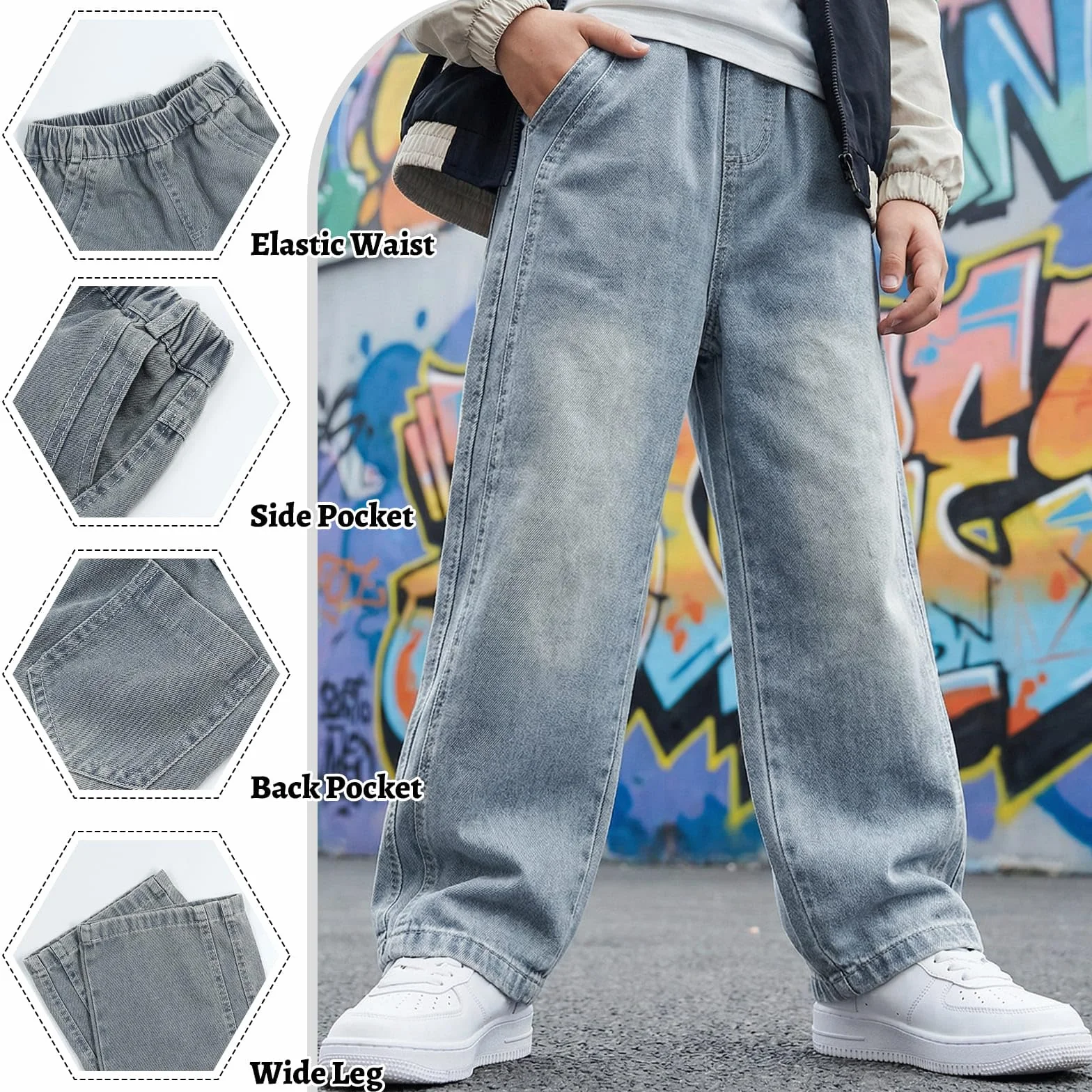 Chłopięce luźne dżinsy z elastyczną talią bojówki z kieszeniami, luźne jeansowe spodnie streetwear dla dzieci w wieku 7-15 lat