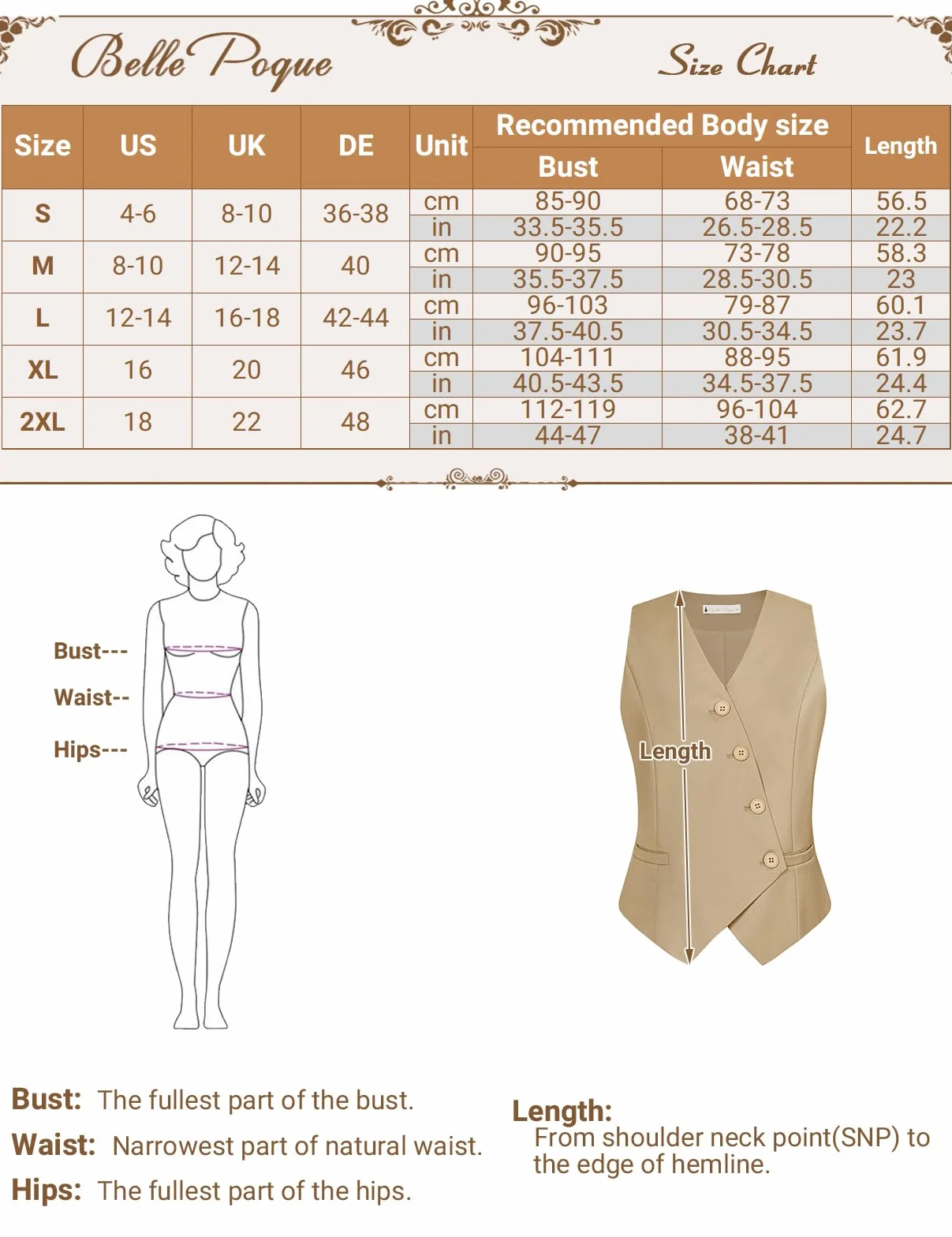 Belle Poque Kamizelka damska, top, vintage, dekolt w serek, ukośna, jednorzędowa, z kieszeniami, bez rękawów, blezery, kurtki