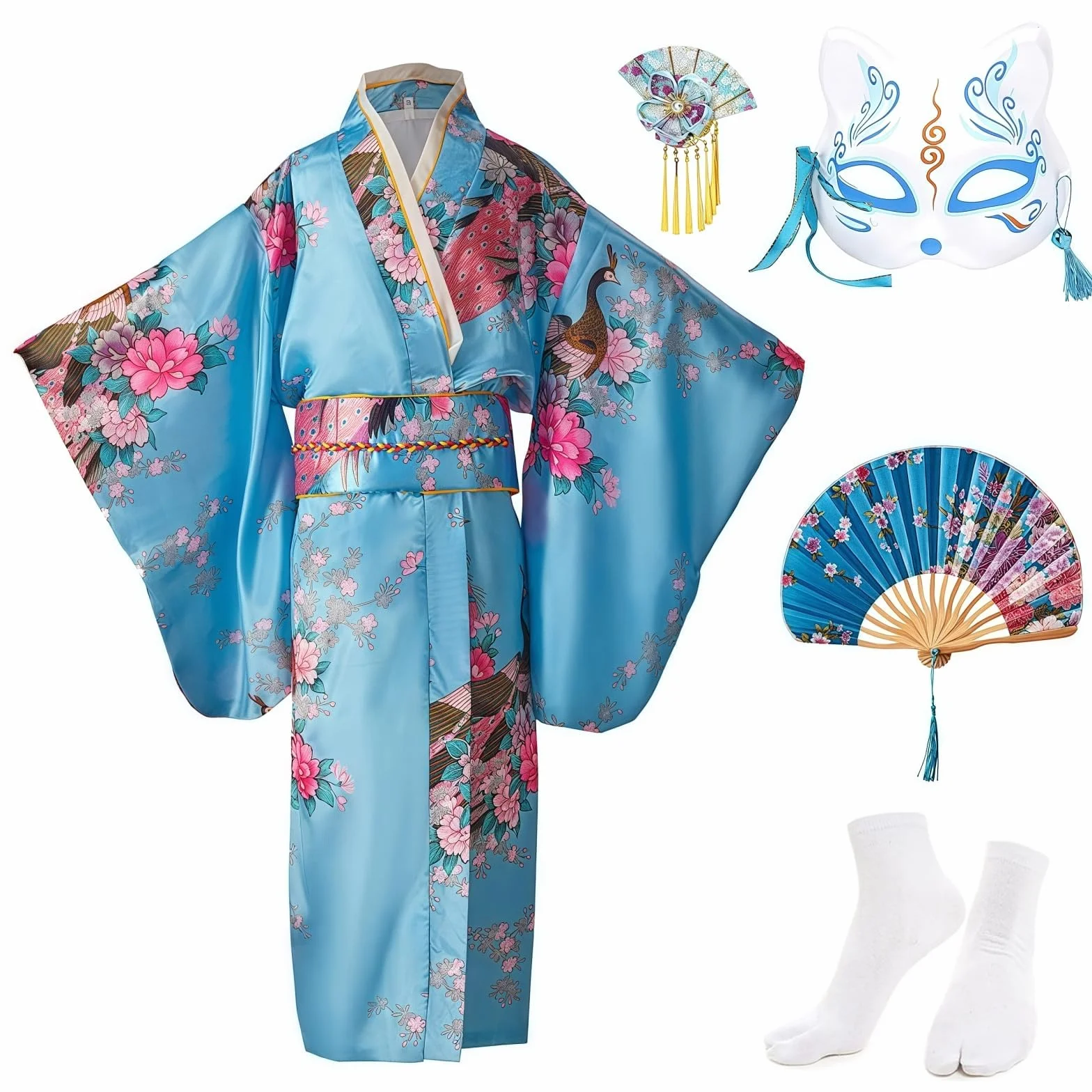 Dziecięce Yukata w Stylu Vintage Japońskim - Sukienka Kimono dla Dziewcząt, Dziecięca Tradycyjna Odzież z Jedwabnego Płótna, Sukienka na Ślub, na Imprezę, na Występ, NIEBIESKI, 140