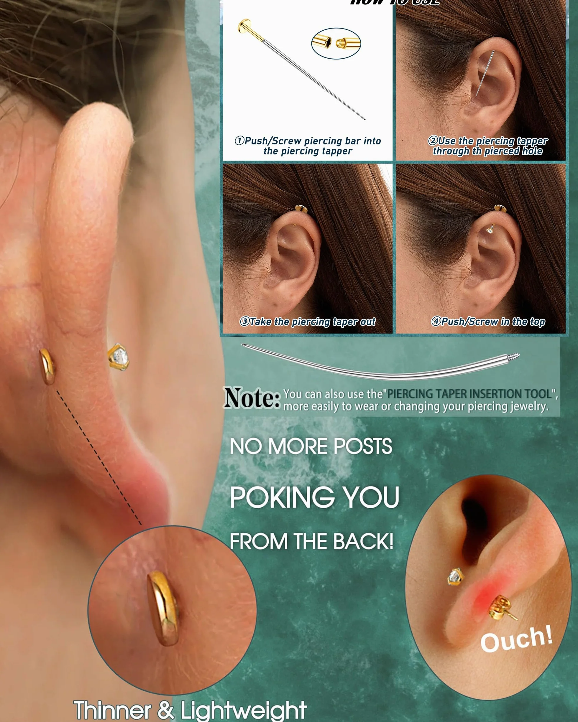 YADOCA G23 Titan Helix piercing tragus kolczyki z gwintem wewnętrznym labret conch piercing hipoalergiczne helix kolczyki do uszu, srebrny, złoty, tragus, biżuteria