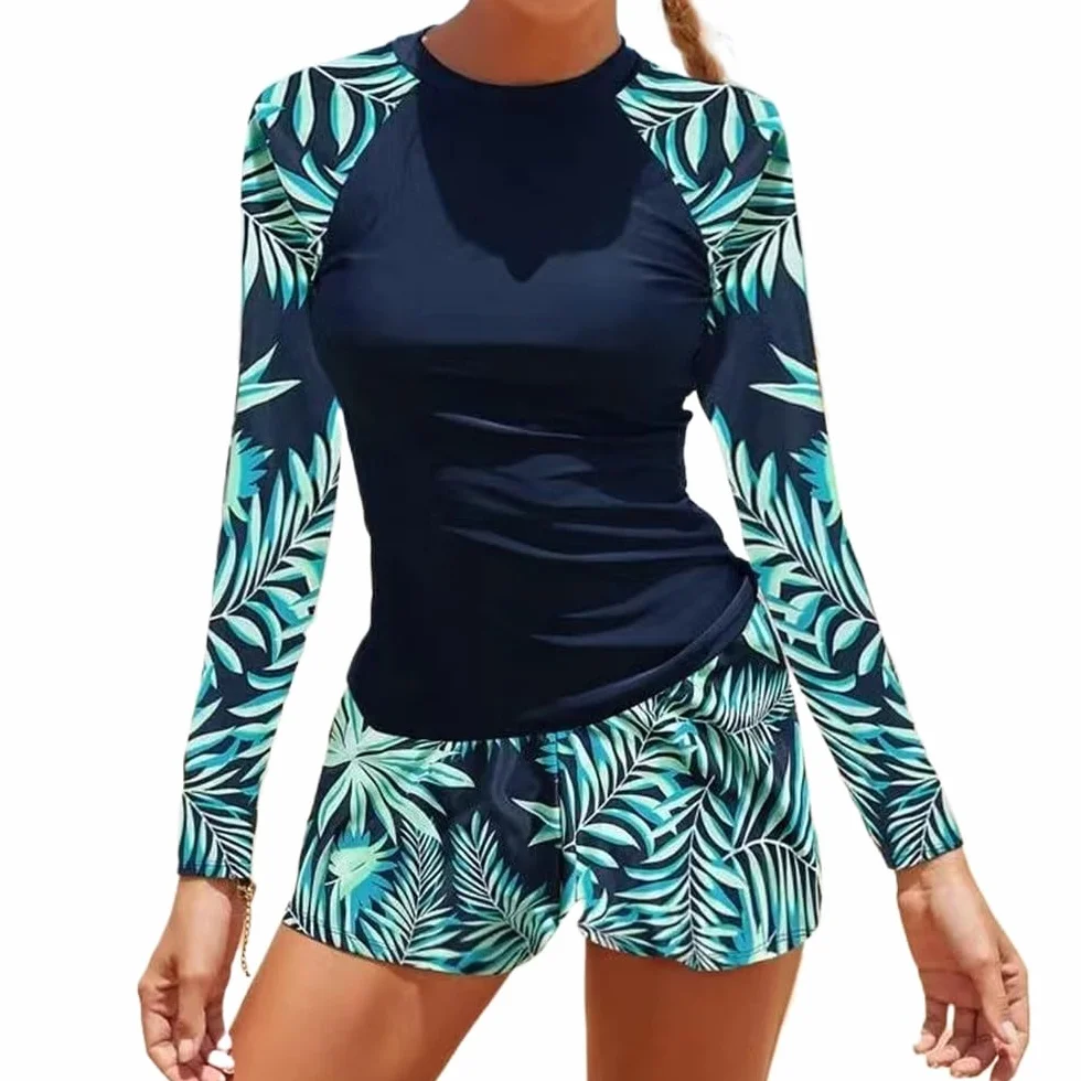 Owntop Kobiety Rash Guard | Stroje kąpielowe z długim rękawem dwuczęściowe z wysokim stanem Boyshort Bottom | Koszulka do pływania chroniąca przed słońcem