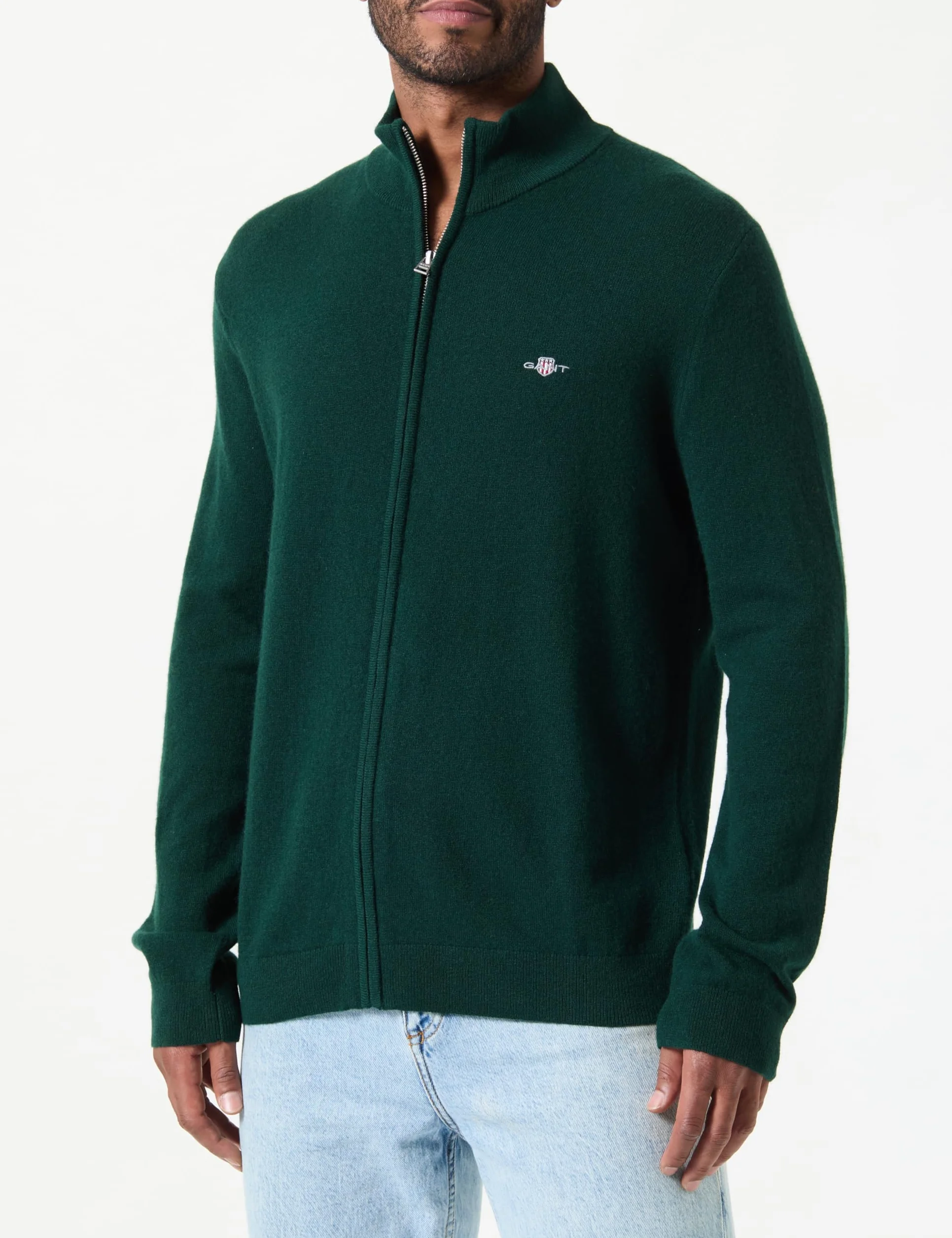 GANT Extrafine Lambswool Zip Cardigan, Tartan Green, L