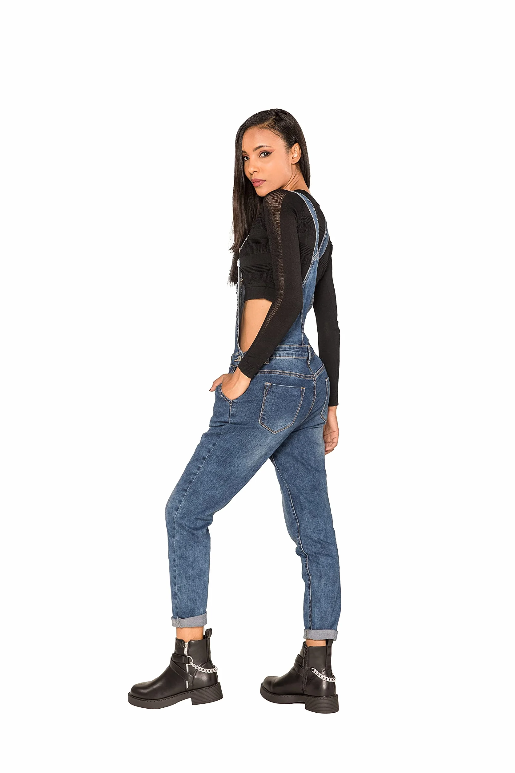 Nina Carter Damskie spodnie ogrodniczki Jeans Boyfriend Denim kombinezon kombinezon used look kombinezon letni
