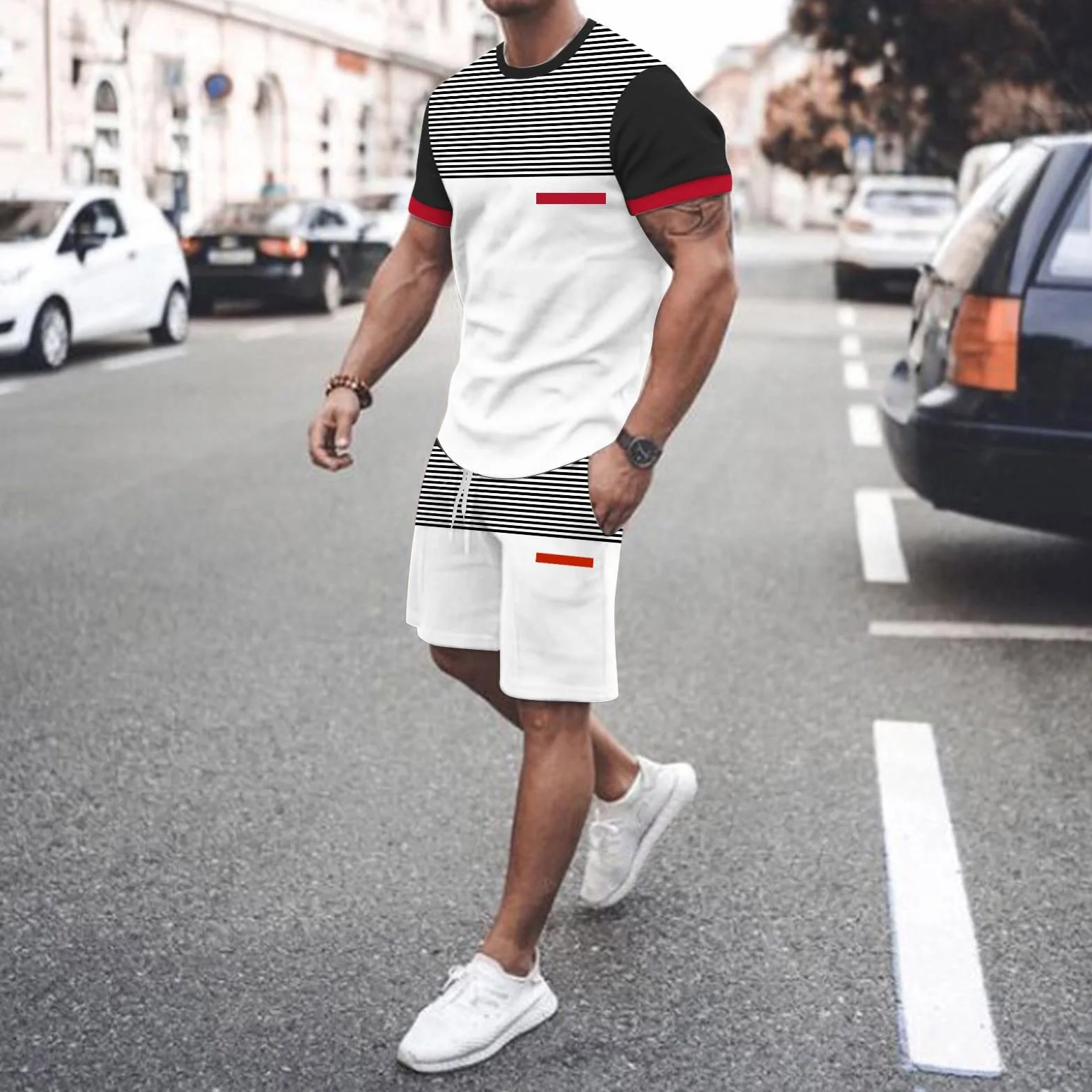 Kombinezon męski letni zestaw fitness luźne stroje sportowe na co dzień wygodne koszulka z krótkim rękawem i elastyczne spodnie do joggingu dwuczęściowy zestaw plażowy na siłownię, Kolor biały, XL