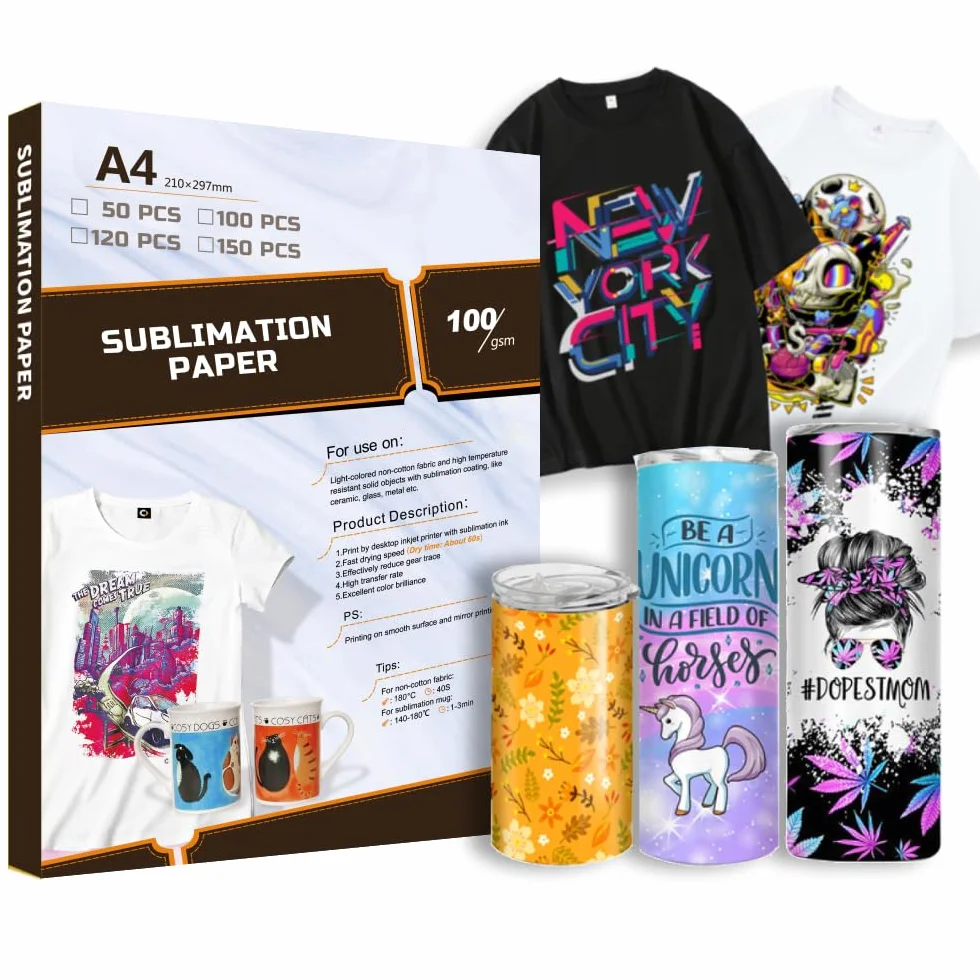 Papier sublimacyjny A4, 210 x 297 mm, 100 g/m², 50 arkuszy papieru sublimacyjnego, do bawełny, metalu, ceramiki, szkła, t-shirtów, filiżanek, kompatybilny ze wszystkimi drukarkami