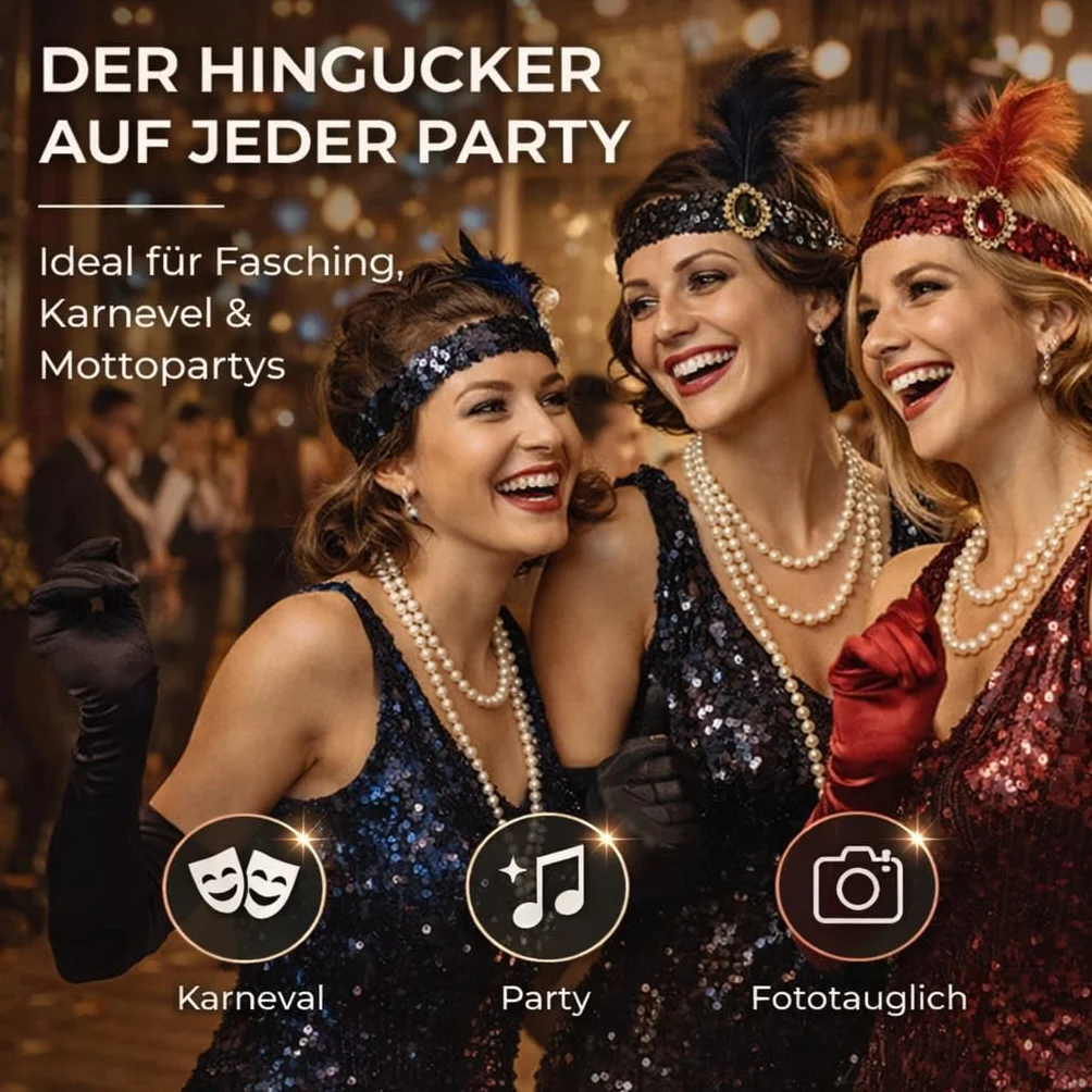 TK Gruppe Timo Klingler Zestaw 20 damskich kostiumów - Charleston Accessories Great Gatsby z rękawiczkami, naszyjnik, opaska na czoło, czarna karnawał i karnawał