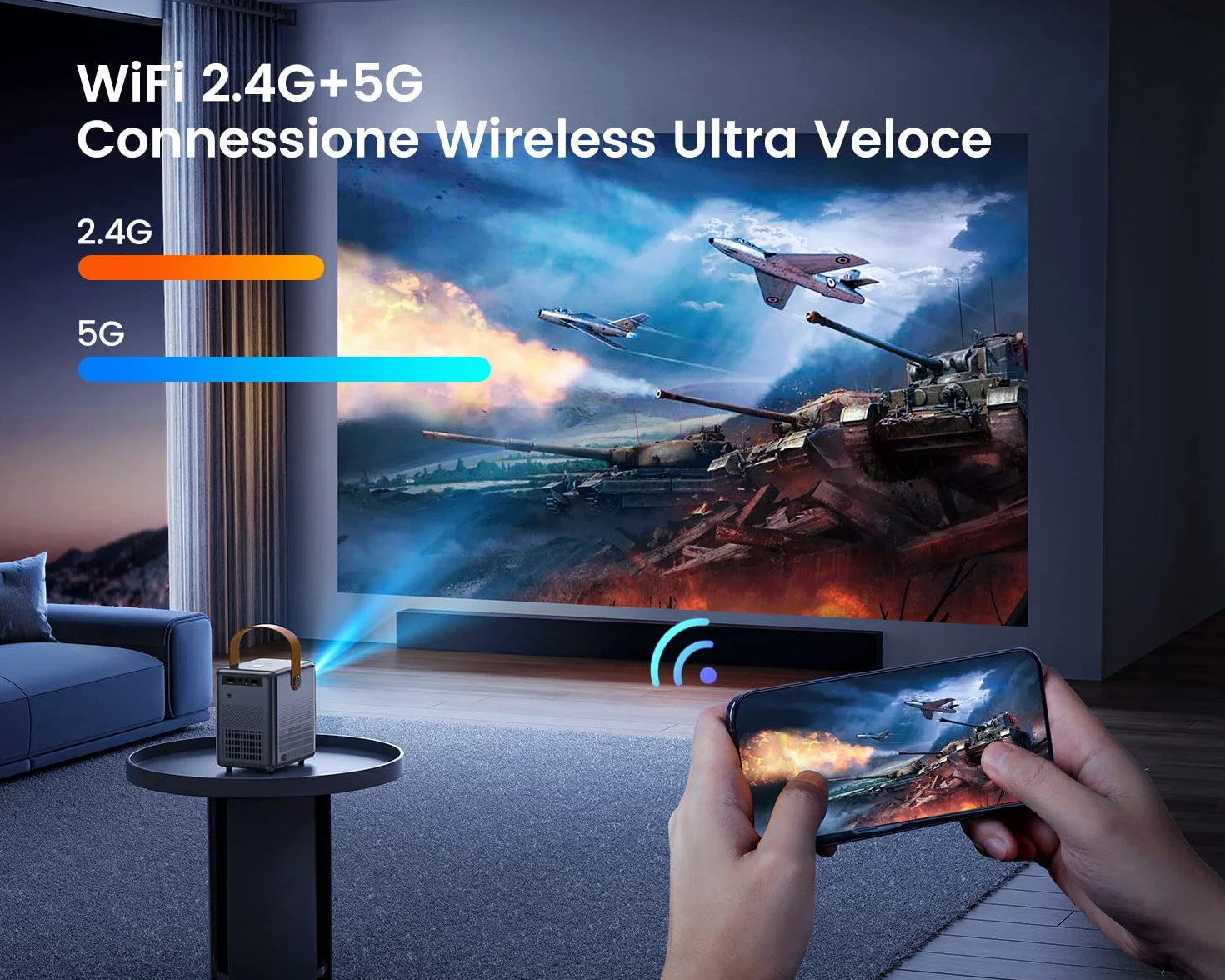 Krótki strzał. Przenośny mini projektor WiFi Bluetooth 18000 lumenów, mini projektor WiMiUS obsługuje projektor wideo Full HD 5G WiFi do kina domowego, iOS/Android/Loptop/USB/PS5/AV