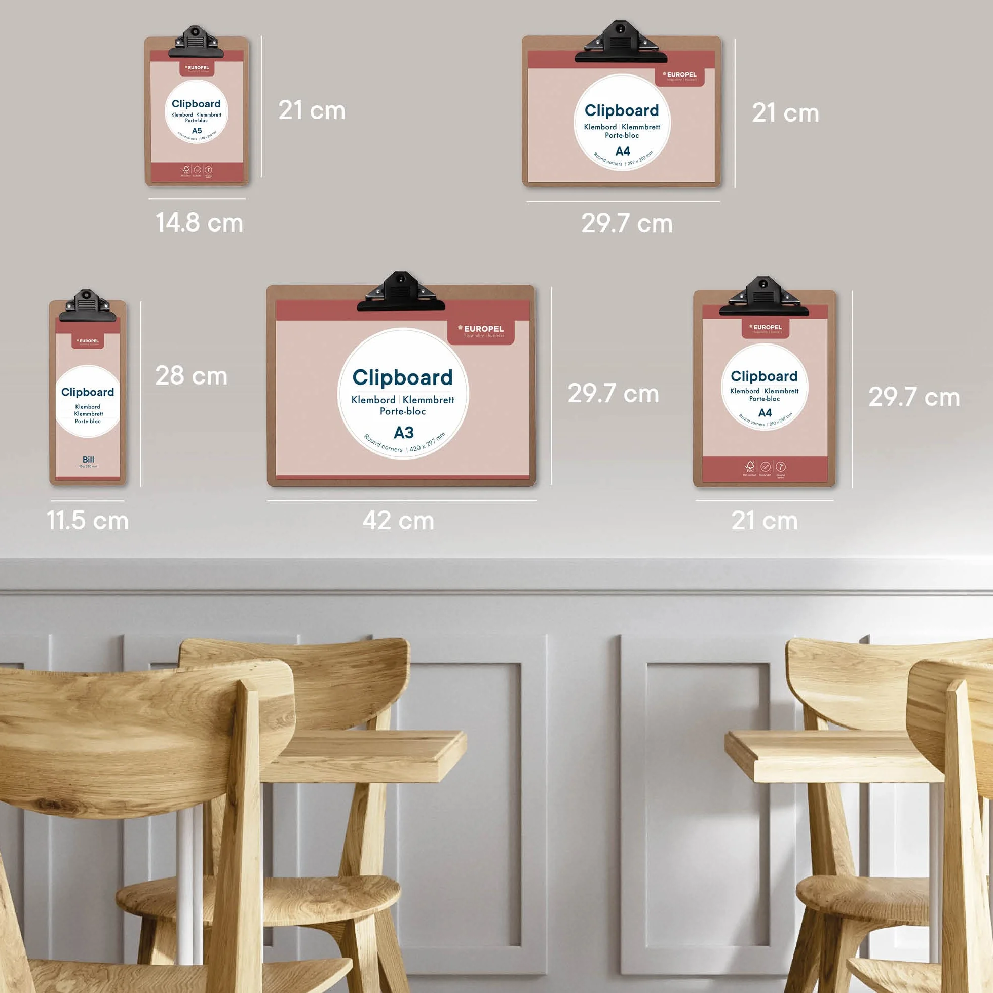 Europel Drewniany schowek, trwała drewniana płyta pilśniowa z czarnym metalowym klipsem i ukrytym otworem do zawieszenia, tektura papierowa A5 do szkoły, klasy, biura, biznesu, restauracji, magazynu,
